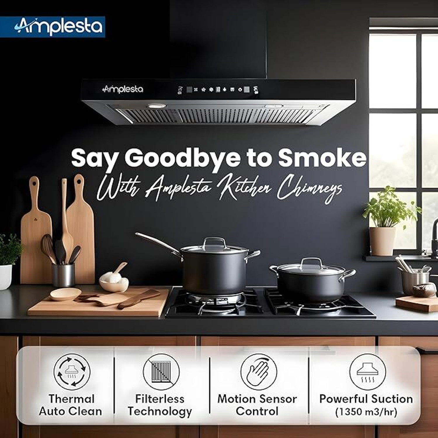 Image of Amplesta New Sereno Auto Clean T-Shape, Touch & Gesture Control, Filterless 1350 CMH 60 cm Auto Clean Chimney