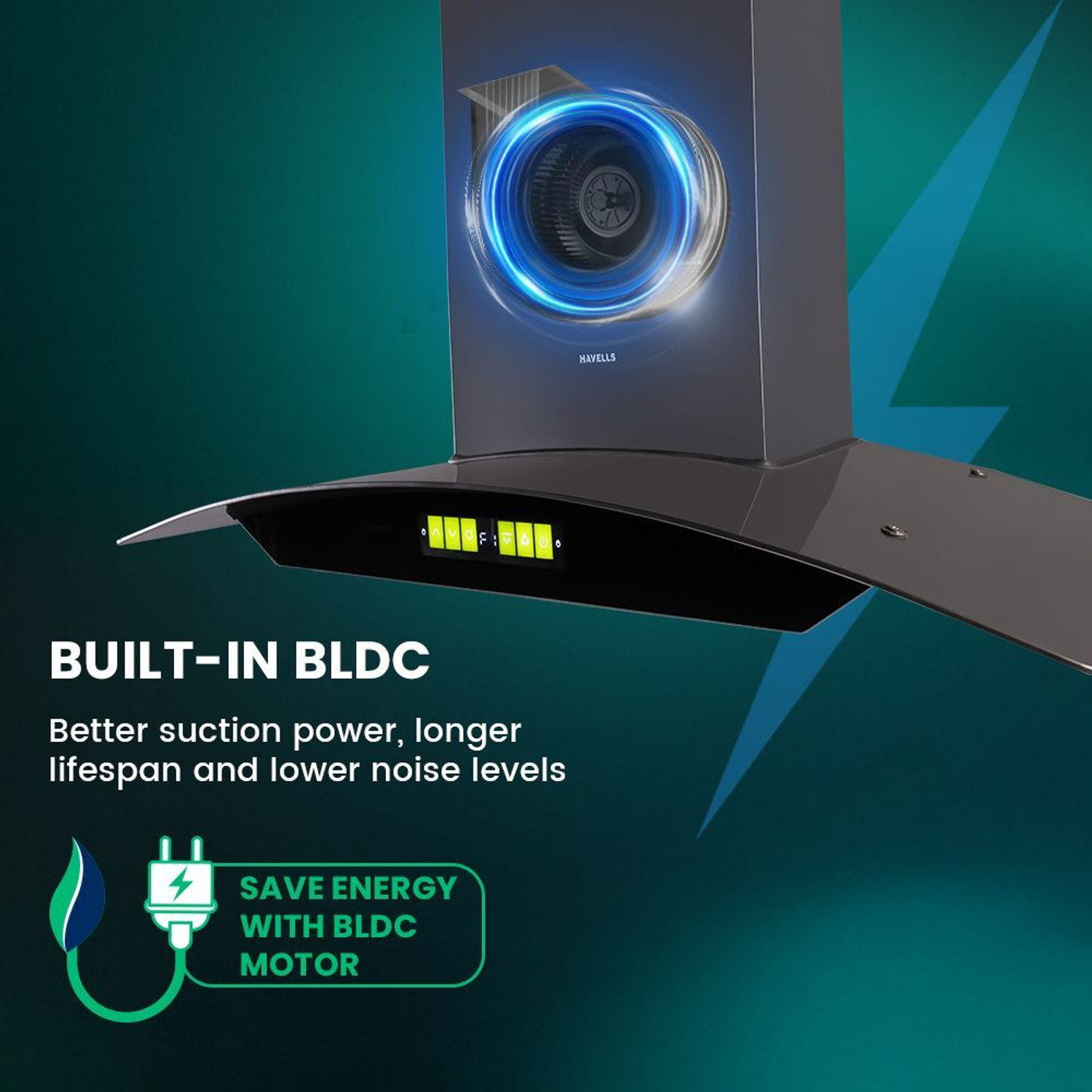 Image of HAVELLS Polaris BLDC 60cm Curved Glass Kitchen Chimney 1600 CMH 56.5 cm Auto Clean Chimney