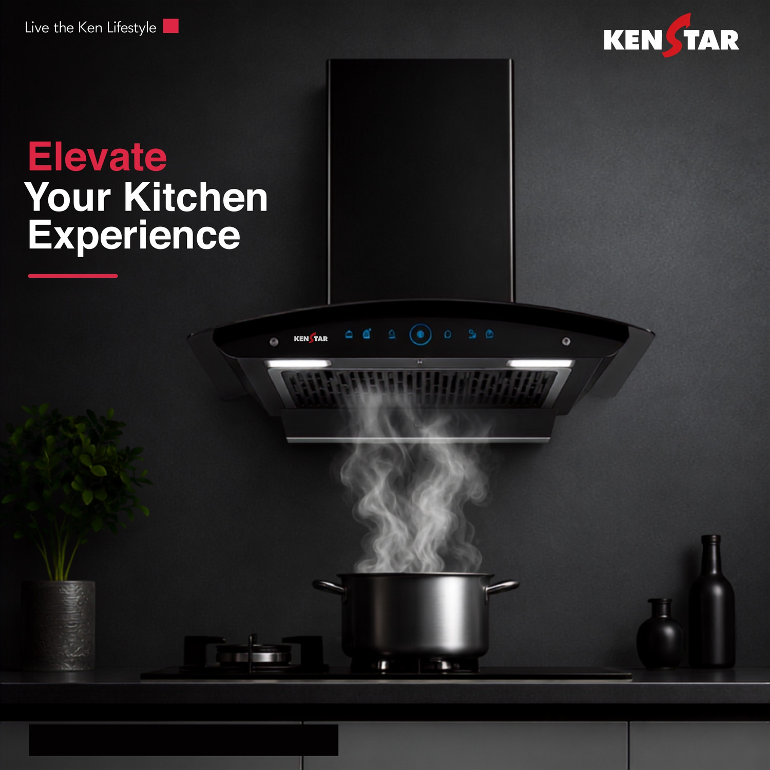 Image of Kenstar Smoke Zero 60 1300 CMH 60 cm | Curved Glass | Filterless | 3 Speed Motion Sensor with Touch Controls | Powerful Suction | Outer Oil Collector | Energy Saving LED Lights | Auto Clean Chimney