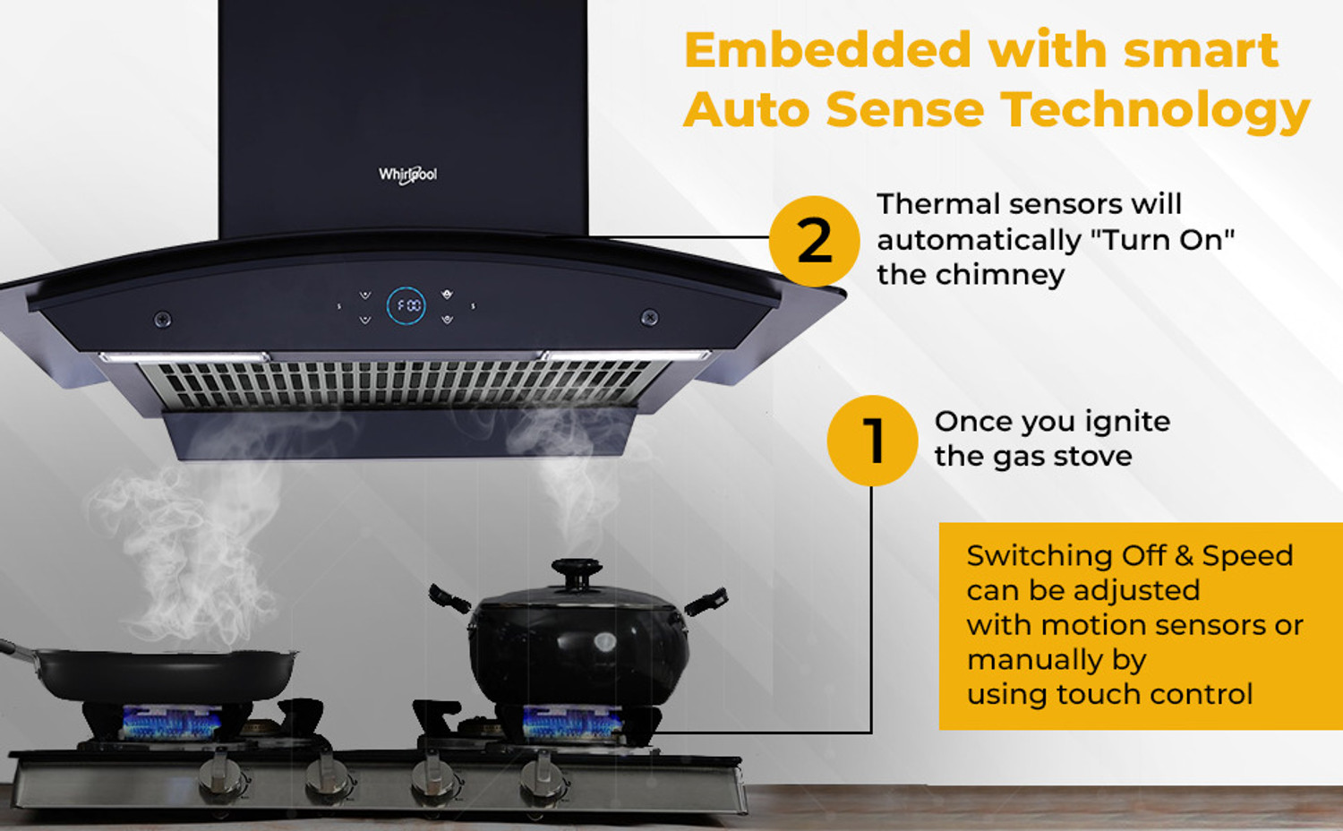 Image of Whirlpool SMARTSENSE ZEN CGFL 604 HAC BLDC BK HOOD 1425 CMH 60 cm Curved Glass 60 cm | BLDC Motor| Smart-Sense Speed Control |Heat Autoclean| Gesture Control|Filterless| Powerful Suction | Low Noise Auto Clean Chimney