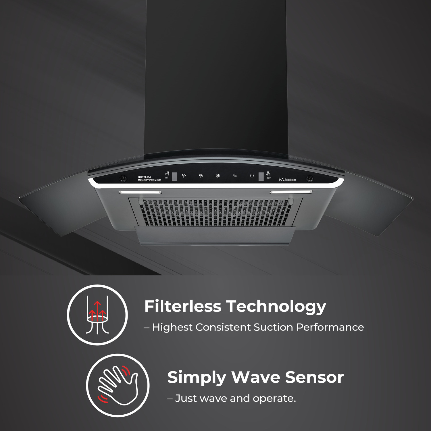 Image of Kutchina Melody 90 1500 CMH 90 cm Motion Sensor Control Touch Control Auto Clean Powerful suction Low Noise Auto Clean Chimney