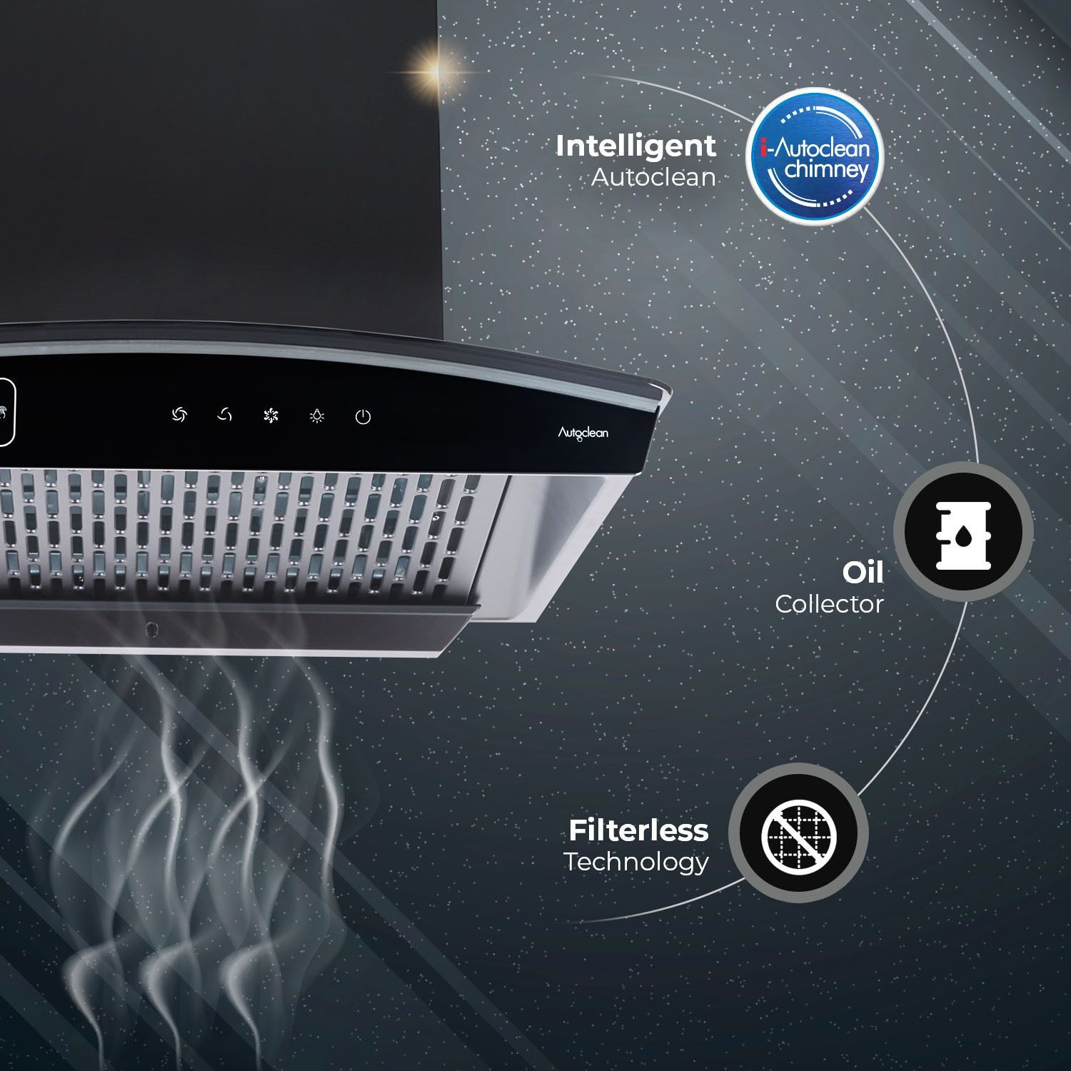 Image of Kutchina Vega DLX 60 1600 CMH 60 cm Motion Sensor Control Touch Control Auto Clean Powerful suction Low Noise Auto Clean Chimney