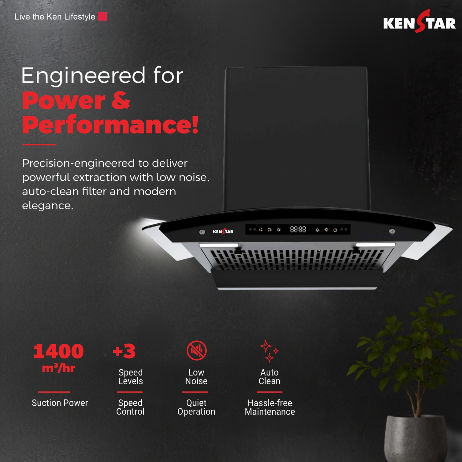 Image of Kenstar Breath Pro 60 1500 CMH 60 cm | BLDC Motor | Curved Glass | Filterless | 9 Speed Motion Sensor with Touch Controls | Powerful Suction | Outer Oil Collector| Energy Saving LED Lights | Auto Clean Chimney