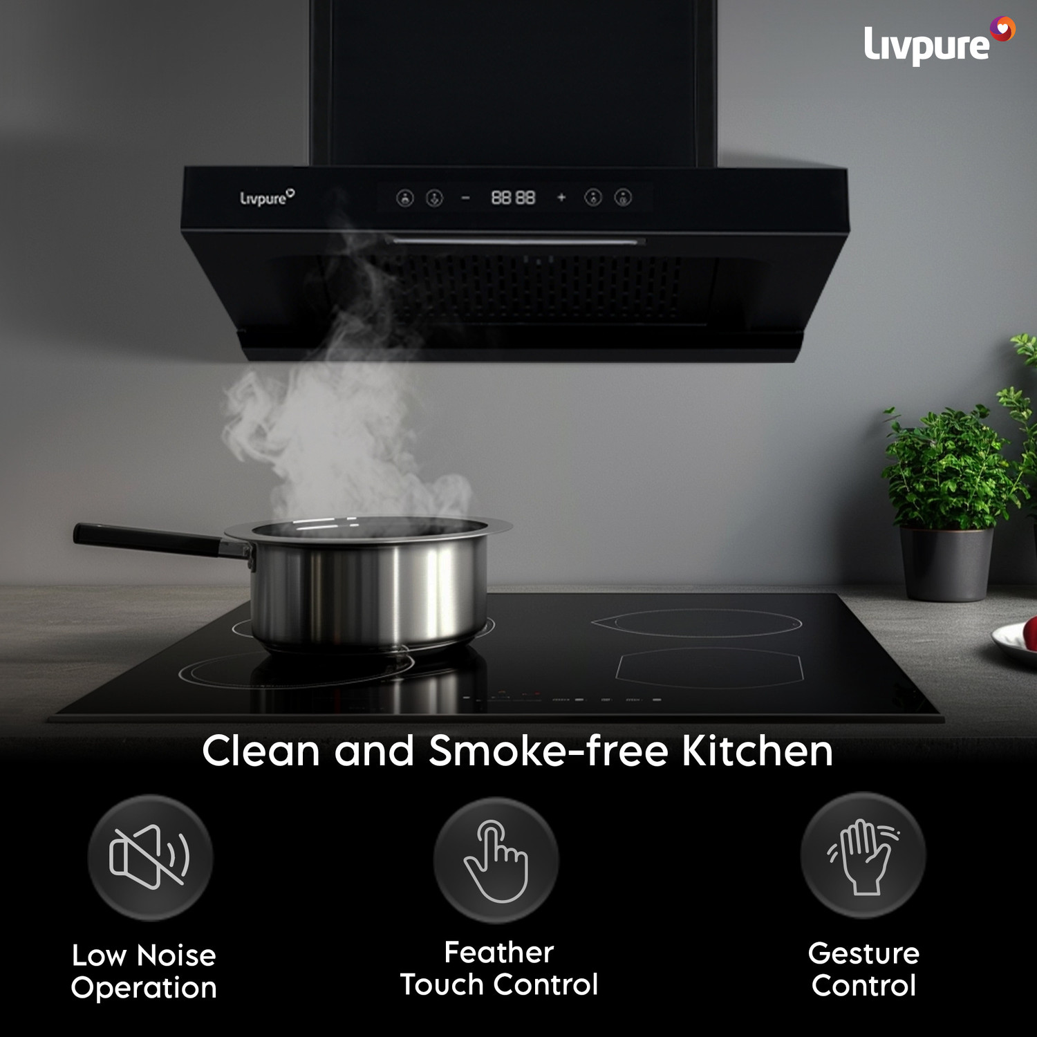 Image of LIVPURE LIV-FERN-60-FL-BLDC-HAC Auto Clean Wall Mounted BLACK 1400 CMH Chimney