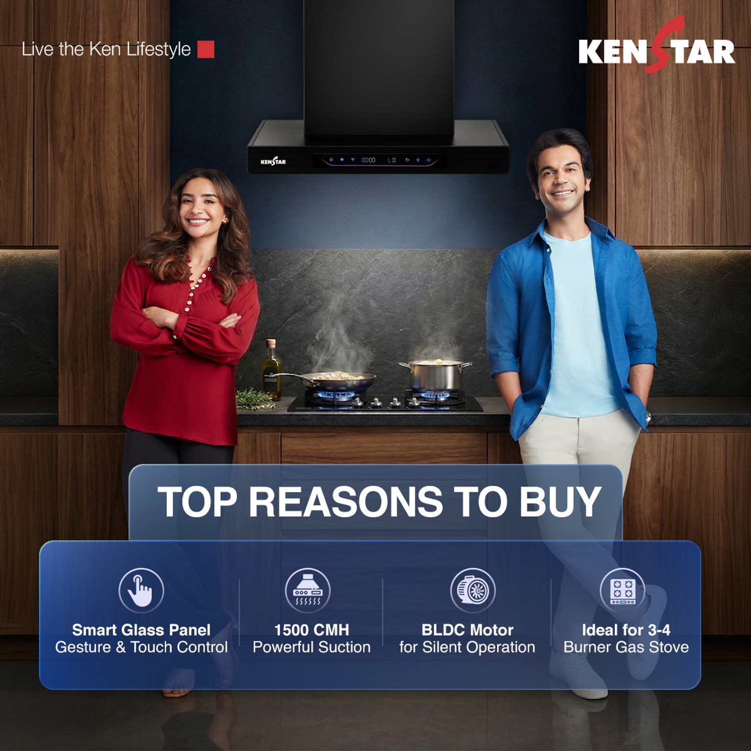 Image of Kenstar AeroGlide BLDC T SHAPE 60CM 1500 CMH 60 cm Filterless Auto-clean Chimney With BLDC Motor 10 Speed Touch & Gesture Control Powerful Suction Low Noise Auto Clean Chimney