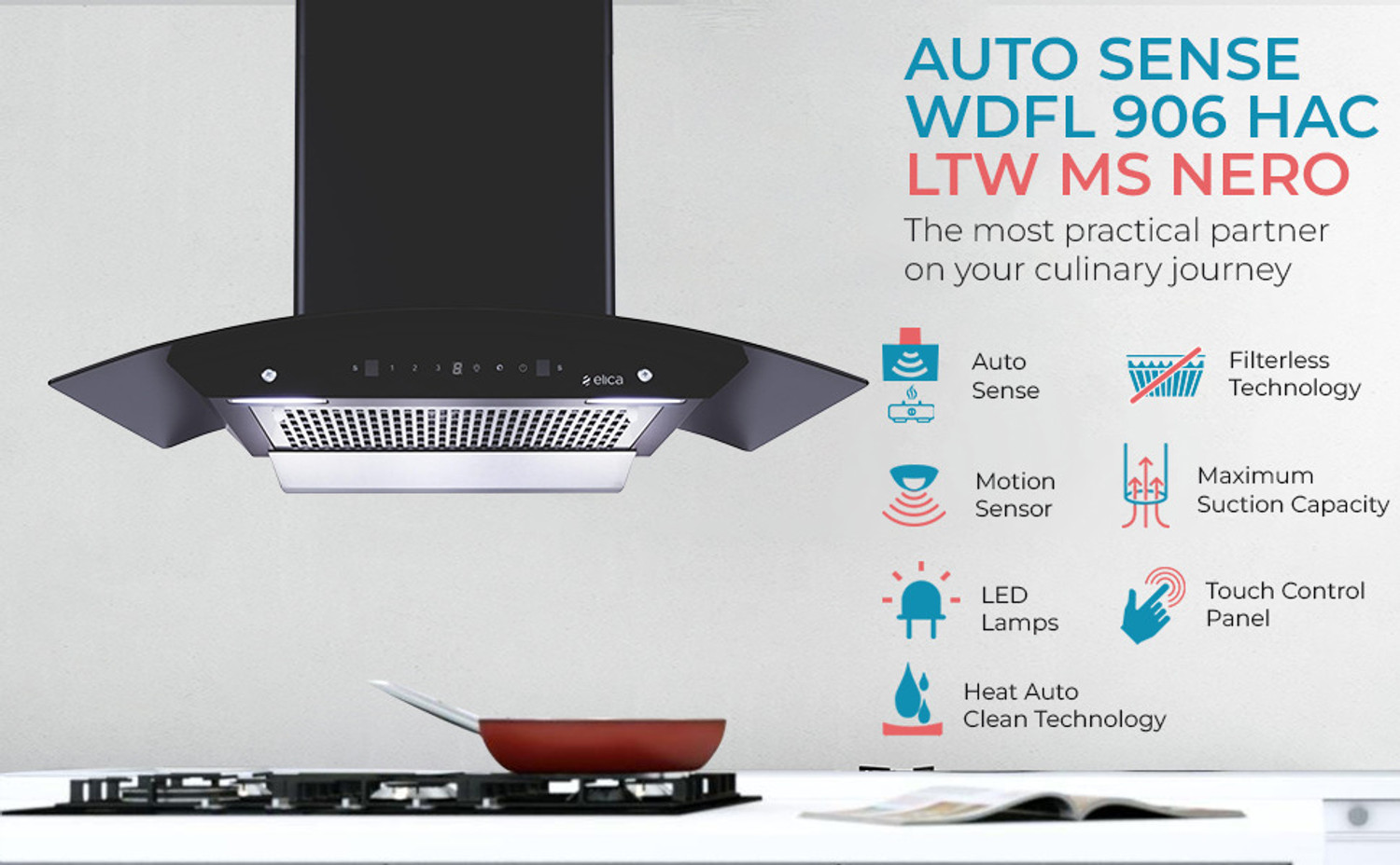 Image of Elica AUTO SENSE WDFL 906 HAC LTW MS NERO 1200 CMH 90 cm Auto Clean Chimney
