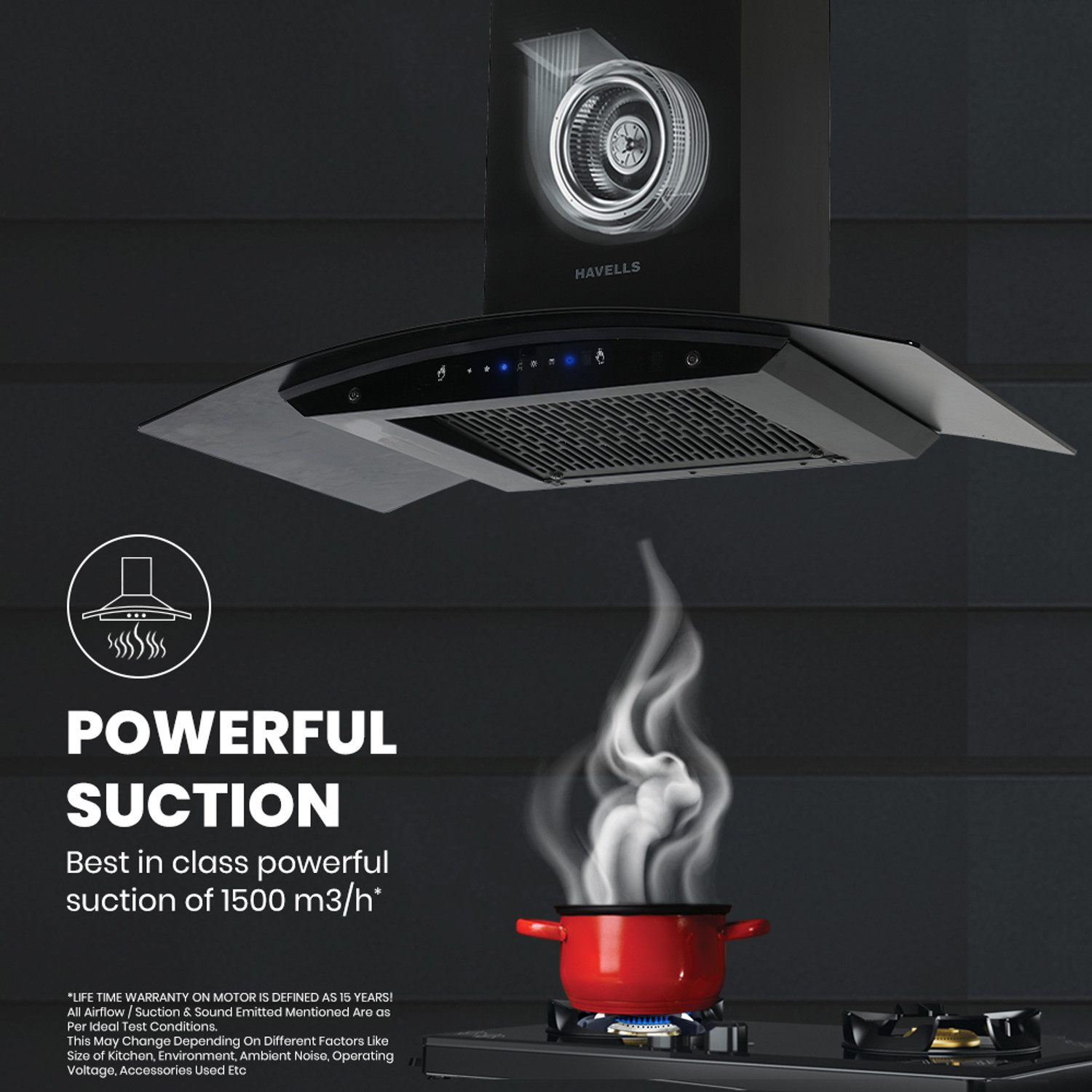 Image of HAVELLS Polaris lite 60, Curved Shape 60 cm, BLDC, Autoclean Chimney 1500 CMH 60 cm Auto Clean Chimney