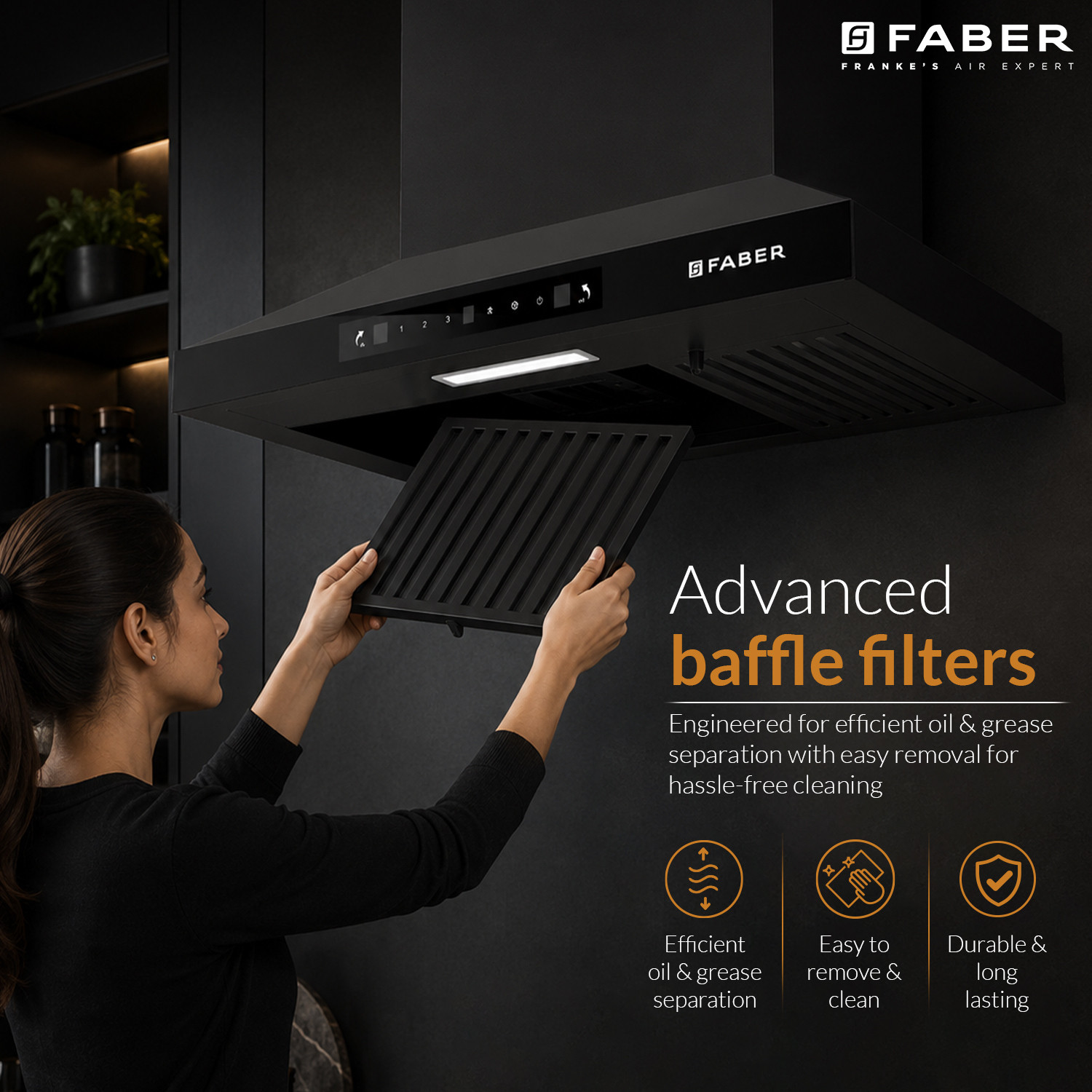 Image of FABER HOOD PLUTO SENSOR TC BF BK IN 60 cm 1000 m hr Baffle Filter Touch Control 1000 CMH 60 cm Chimney