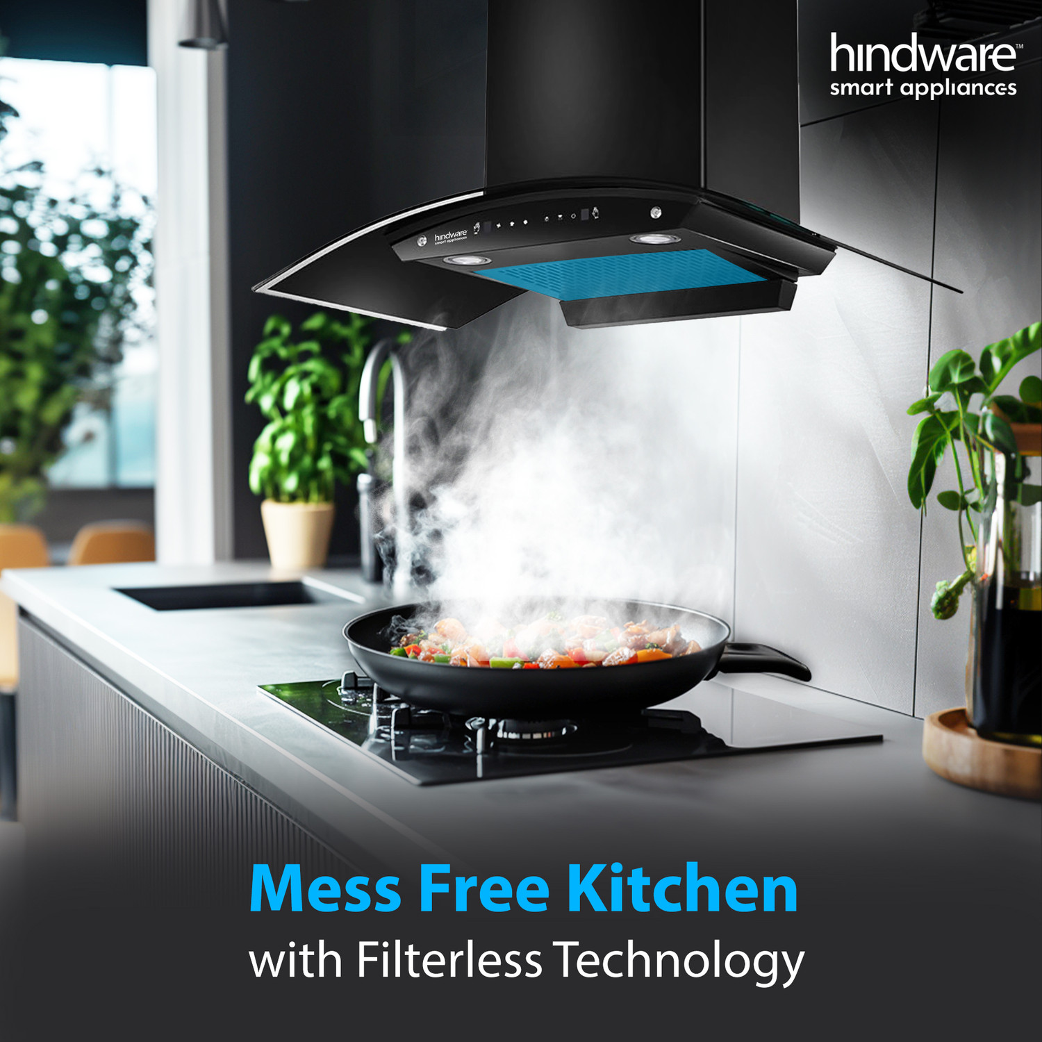 Image of Hindware Smart Appliances Ripple Neo 75 IN 1200 CMH 75 cm | Curved | Filterless | Touch Control | Motion Sensor | Energy Efficient LED Light | Powerful Suction | Auto Clean Chimney