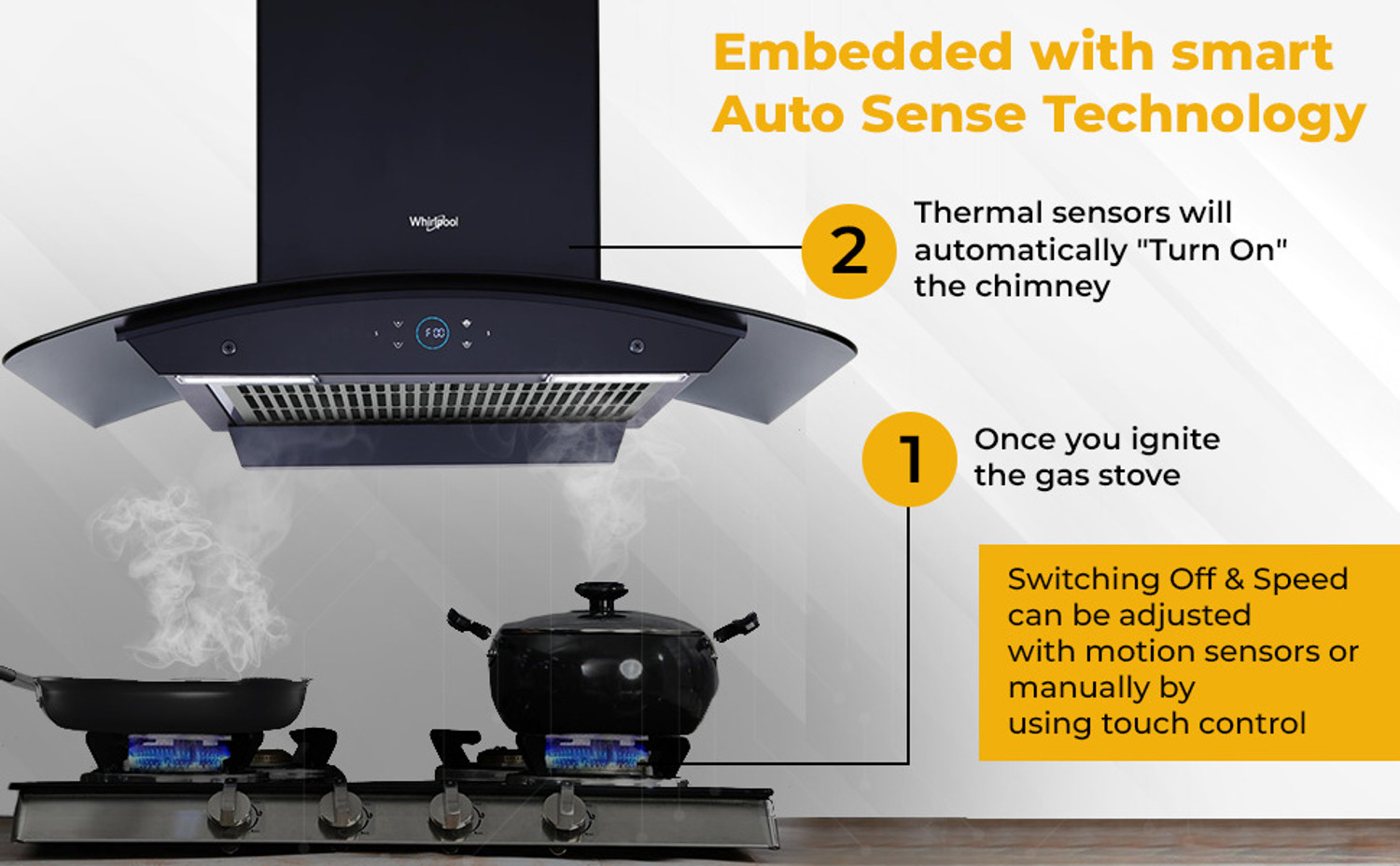 Image of Whirlpool SMARTSENSE ZEN CGFL 904 HAC BLDC BK HOOD 1425 CMH 90 cm Curved Glass 90 cm | BLDC Motor| Smart-Sense Speed Control |Heat Autoclean| Gesture Control|Filterless| Powerful Suction | Low Noise Auto Clean Chimney
