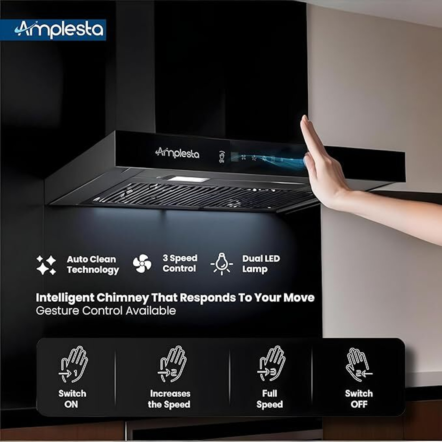Image of Amplesta New Sereno Auto Clean T-Shape, Touch & Gesture Control, Filterless 1350 CMH 60 cm Auto Clean Chimney
