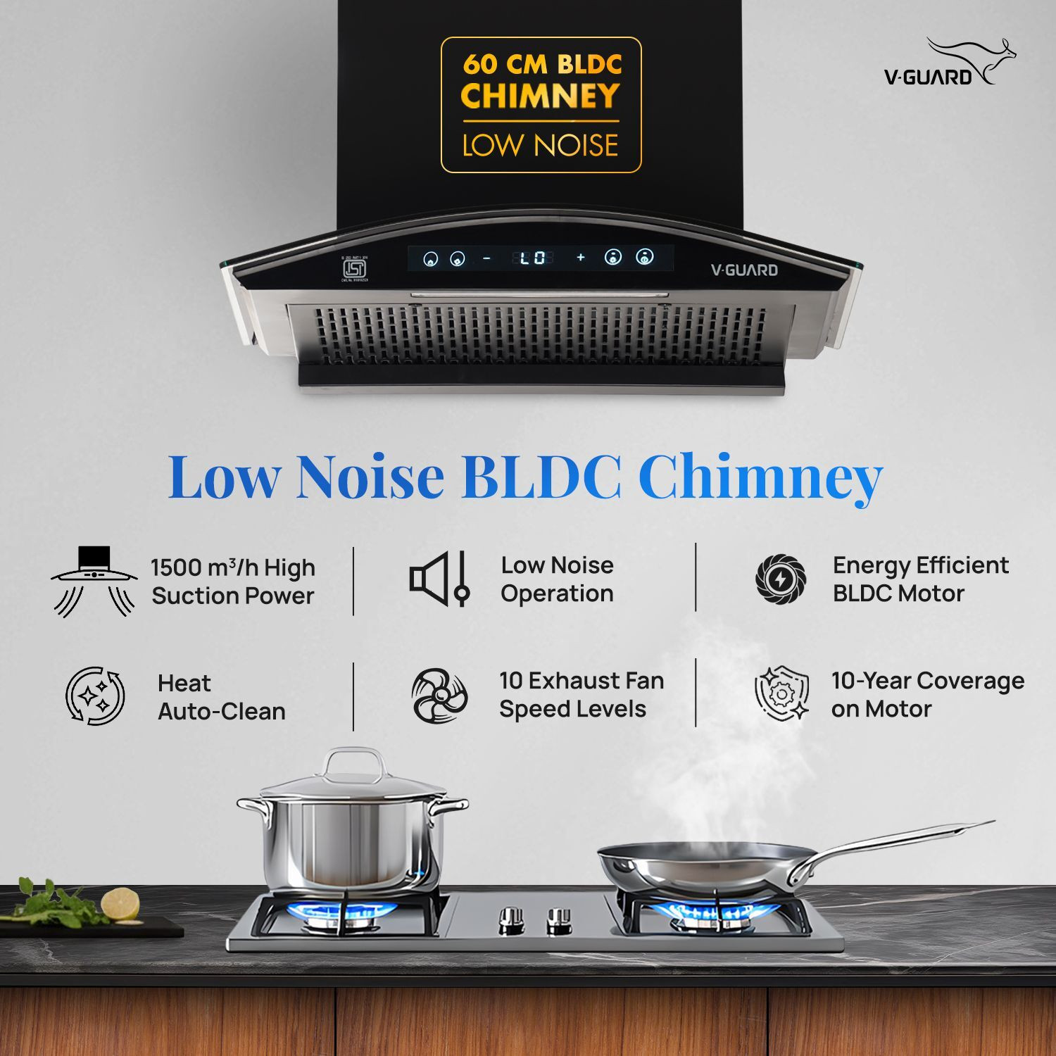 Image of V-Guard BX 60 BLDC 60 cm 1500 CMH 60 cm Auto Clean Chimney