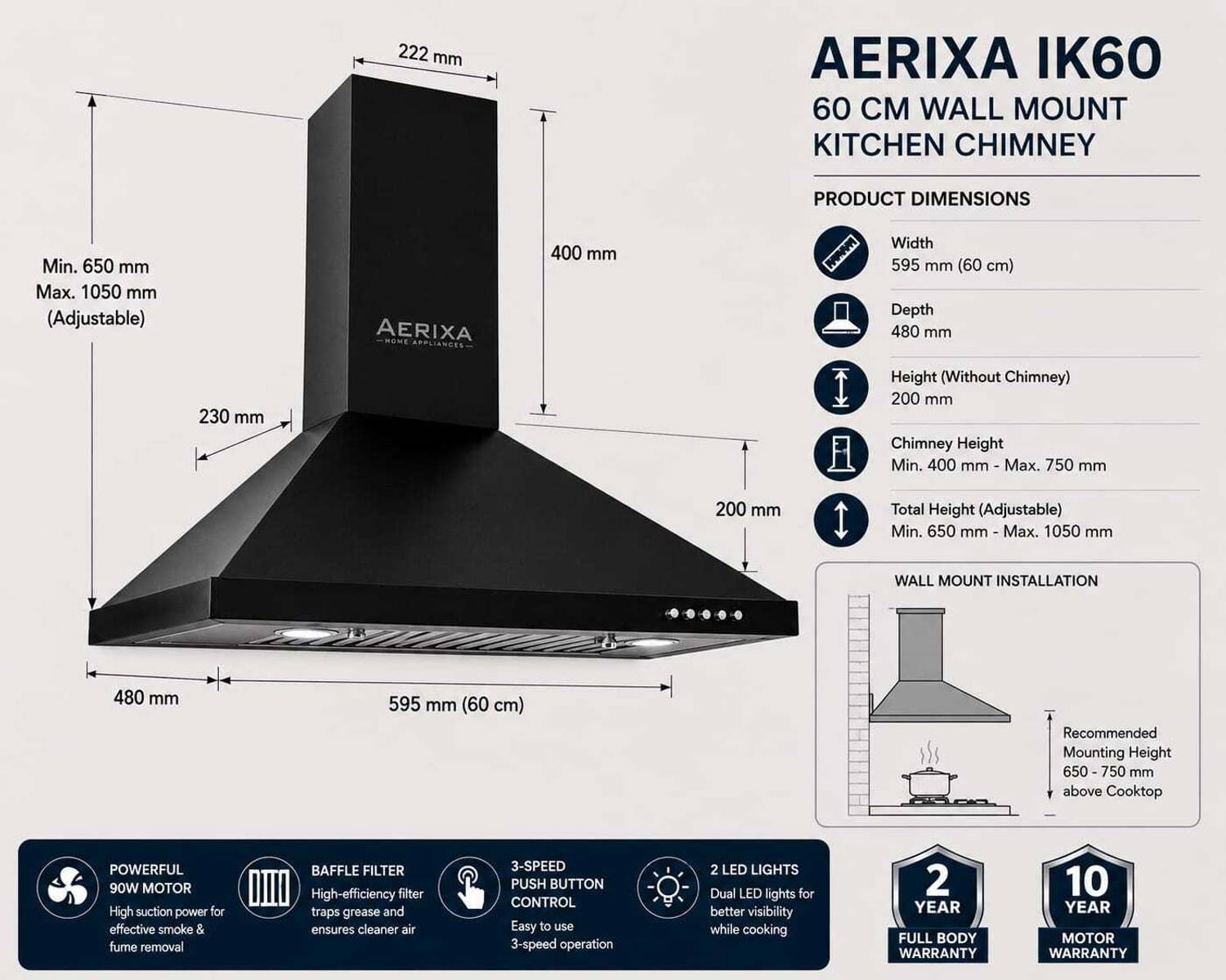 AERIXA AX60B 1200 CMH 60 cm Chimney - Image 3