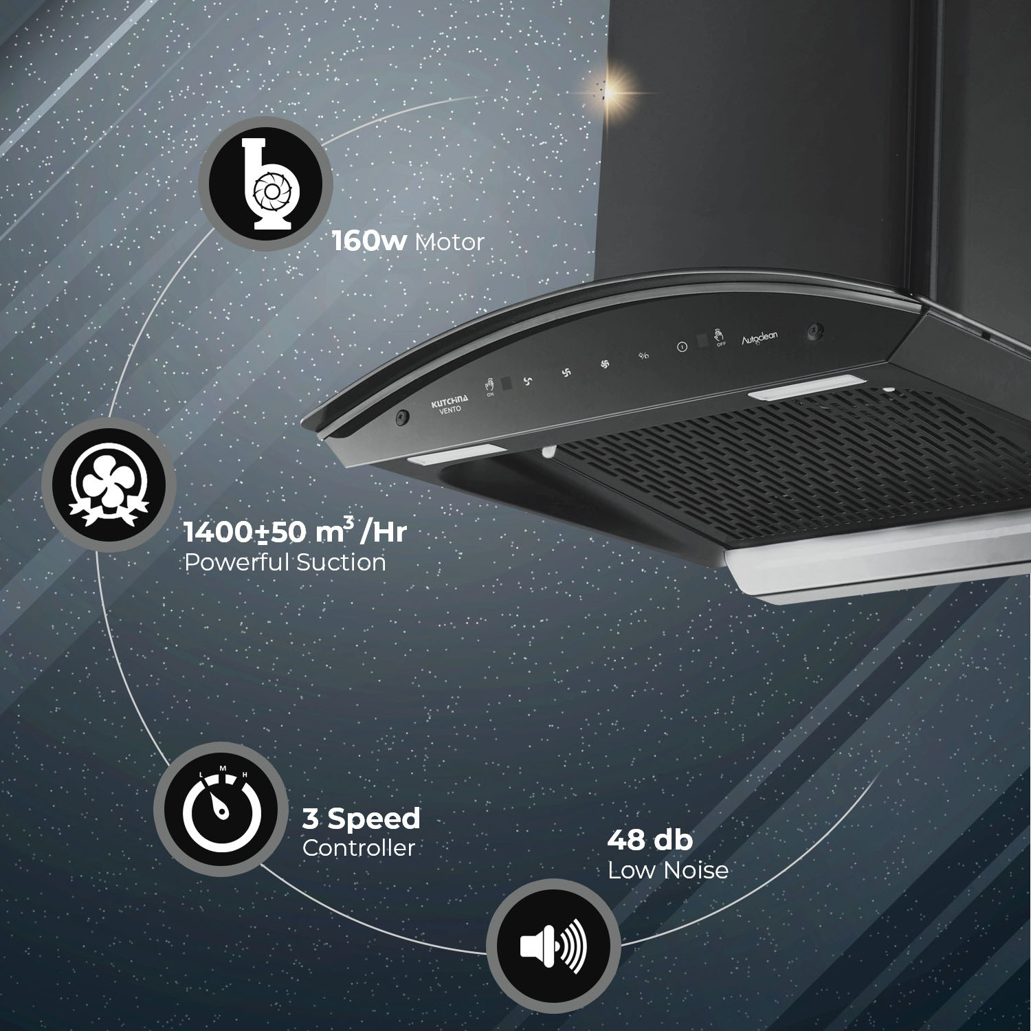 Image of Kutchina Vento 60 1400 CMH 60 cm Motion Sensor Control Touch Control Auto Clean Powerful suction Low Noise Auto Clean Chimney
