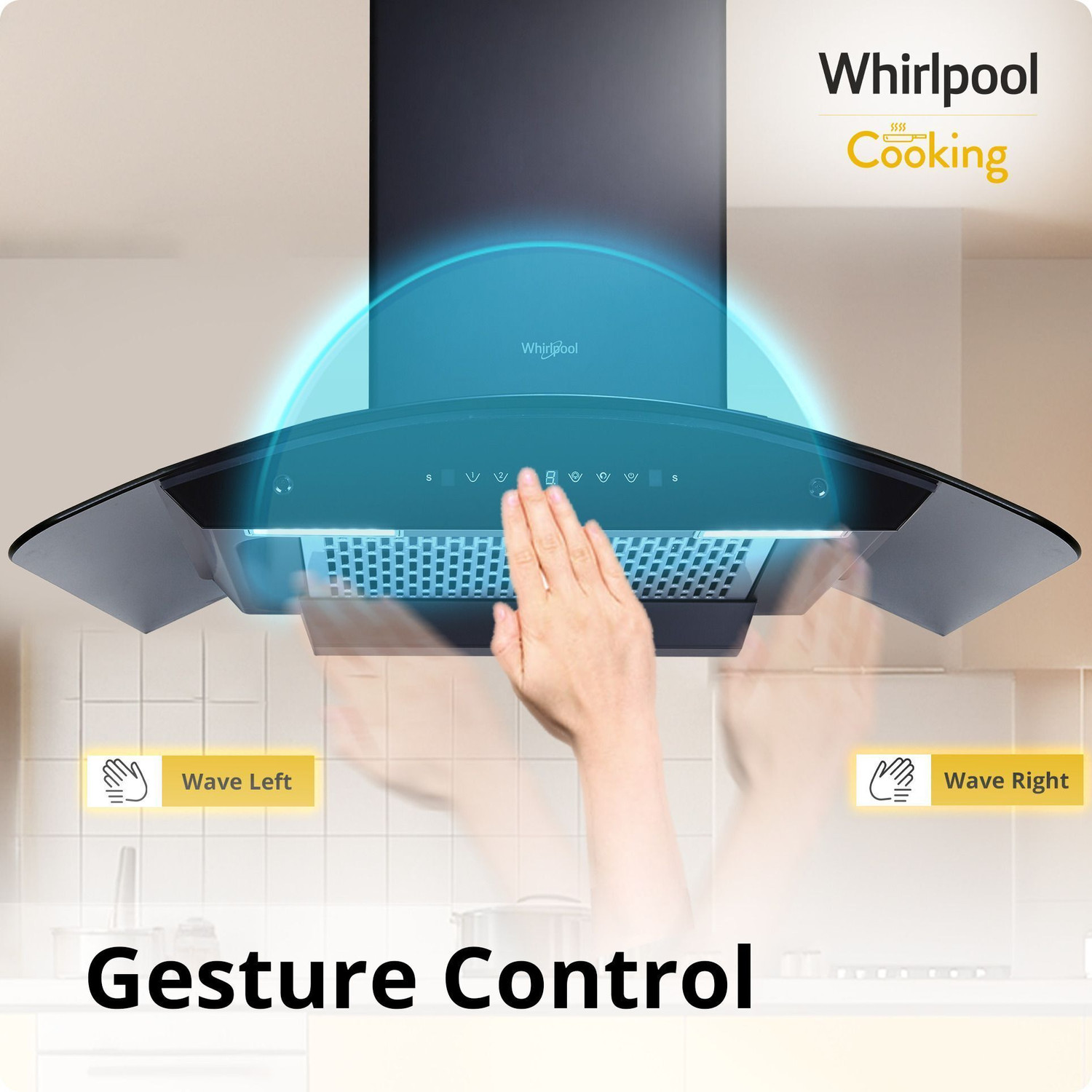 Image of Whirlpool CGFL PRO 904 HAC BK HOOD Auto Clean Curved Glass 90 cm| 11 Years Motor Warranty| Heat Autoclean| Gesture Control| Filterless|Powerful Suction | Low Noise Wall Mounted Black 1600 CMH Chimney