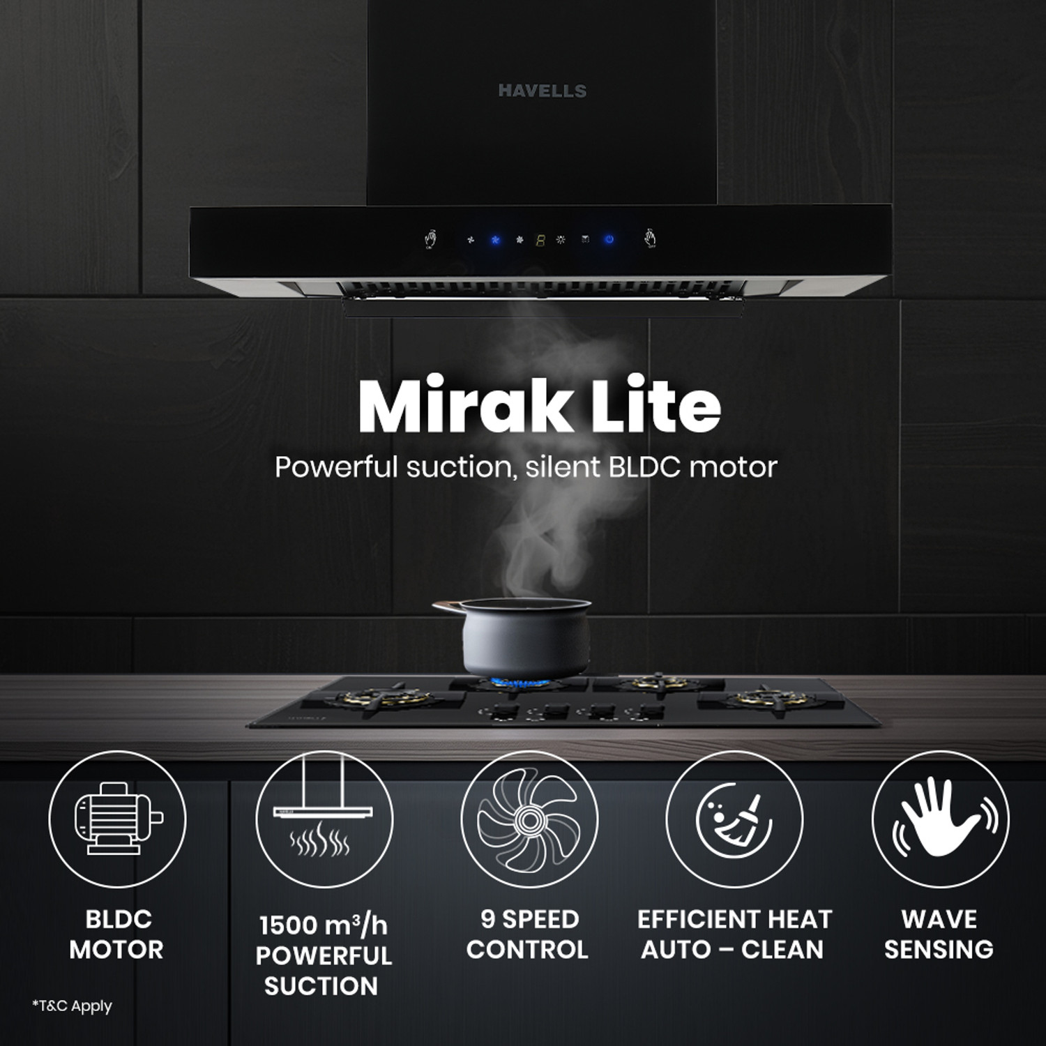 Image of HAVELLS Mirak lite 60, T Shape 60 cm, BLDC, Autoclean Chimney 1500 CMH 60 cm Auto Clean Chimney