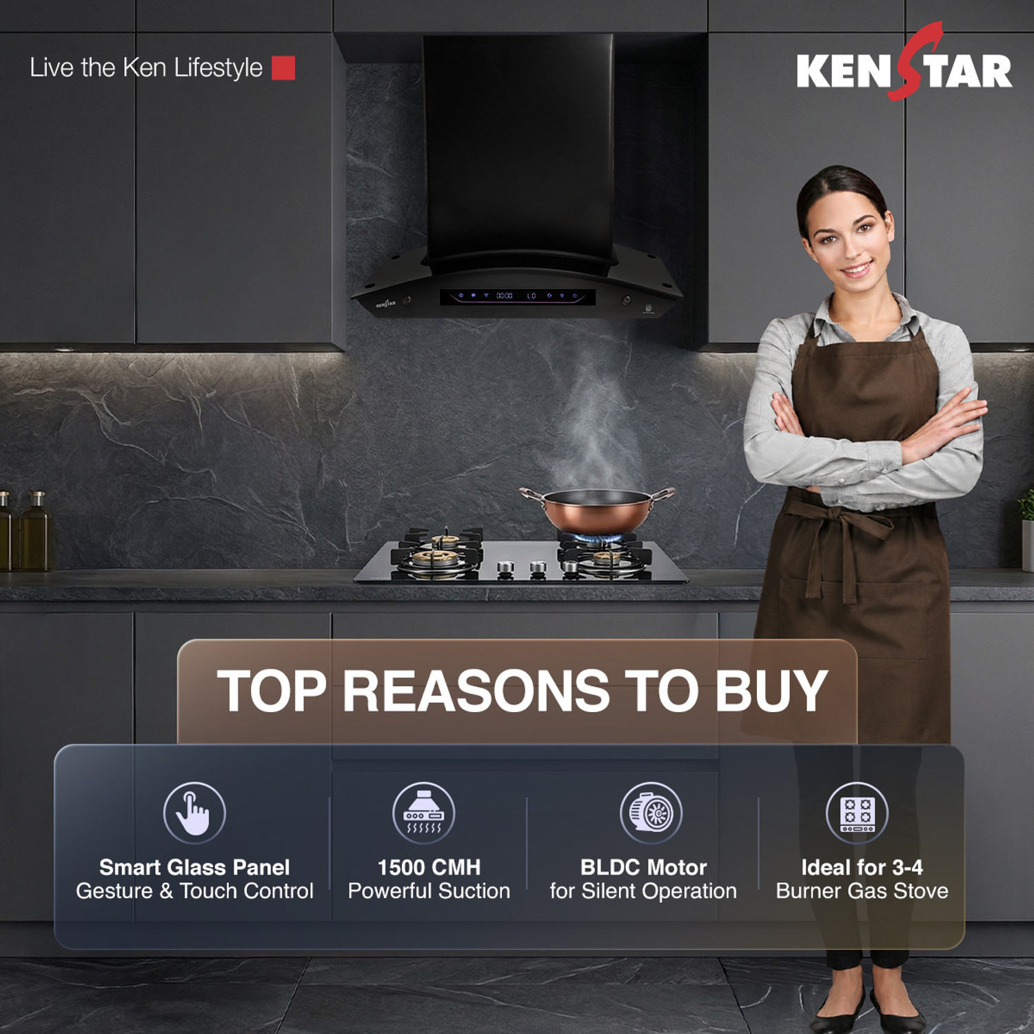 Image of Kenstar AeroGlide BLDC CURVE 60 CM 1500 CMH 60 cm Filterless Auto-clean Chimney With BLDC Motor 10 Speed Touch & Gesture Control Powerful Suction Low Noise Auto Clean Chimney