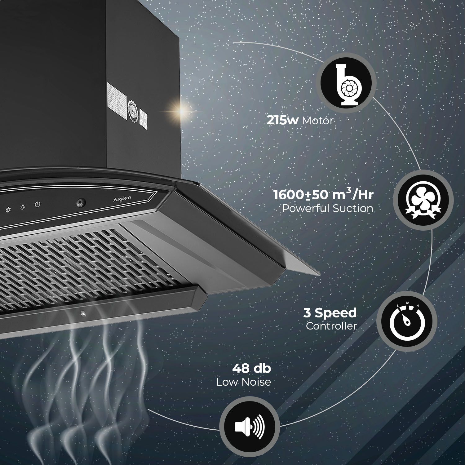 Image of Kutchina Vega DLX 90 1600 CMH 90 cm Motion Sensor Control Touch Control Auto Clean Powerful suction Low Noise Auto Clean Chimney