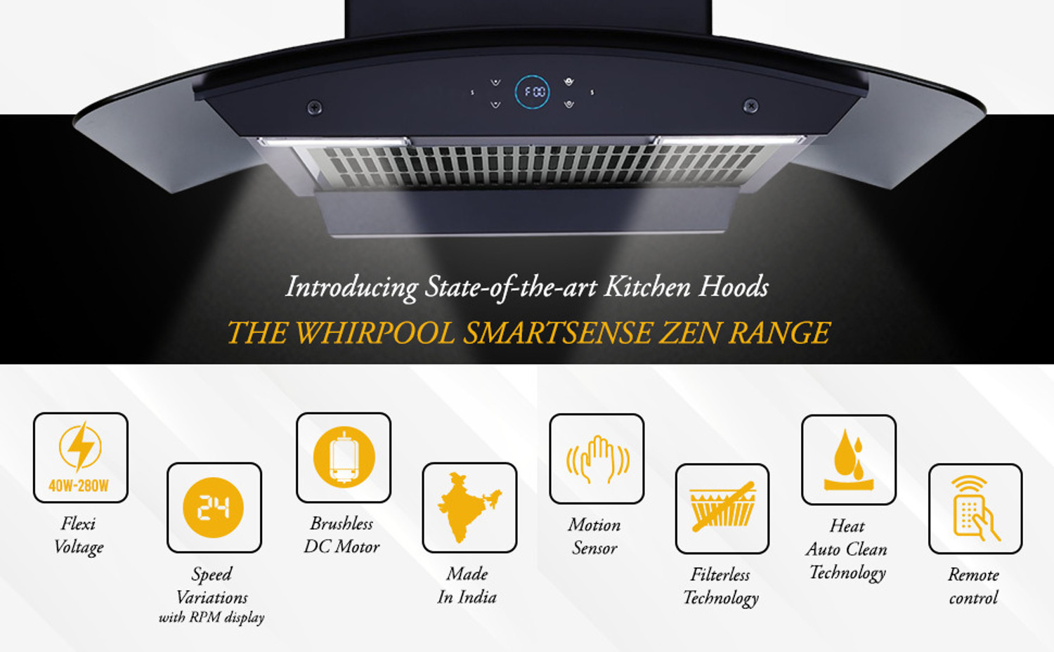 Image of Whirlpool SMARTSENSE ZEN CGFL 904 HAC BLDC BK HOOD 1425 CMH 90 cm Curved Glass 90 cm | BLDC Motor| Smart-Sense Speed Control |Heat Autoclean| Gesture Control|Filterless| Powerful Suction | Low Noise Auto Clean Chimney