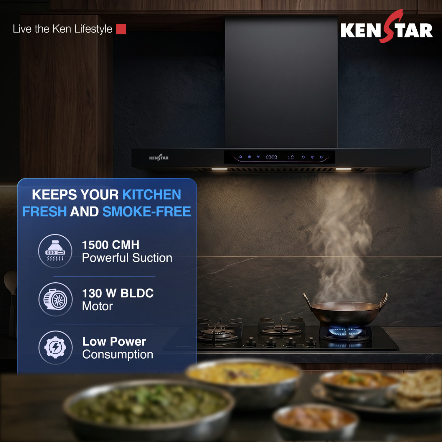 Image of Kenstar AeroGlide BLDC T SHAPE 90 CM 1500 CMH 90 cm Filterless Auto-clean Chimney With BLDC Motor 10 Speed Touch & Gesture Control Powerful Suction Low Noise Auto Clean Chimney