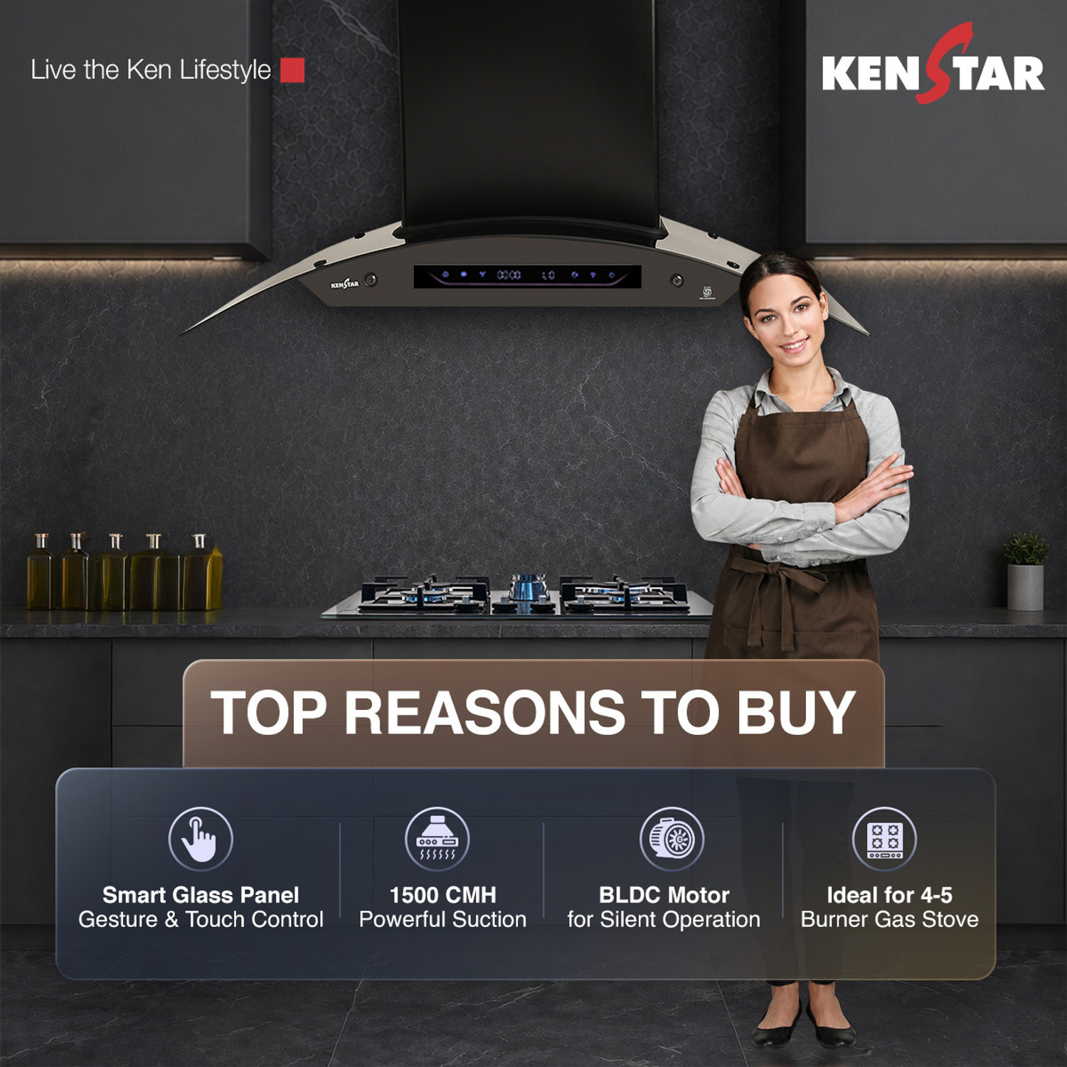 Image of Kenstar AeroGlide BLDC CURVE 90 CM 1500 CMH 90 cm Filterless Auto-clean Chimney With BLDC Motor 10 Speed Touch & Gesture Control Powerful Suction Low Noise Auto Clean Chimney
