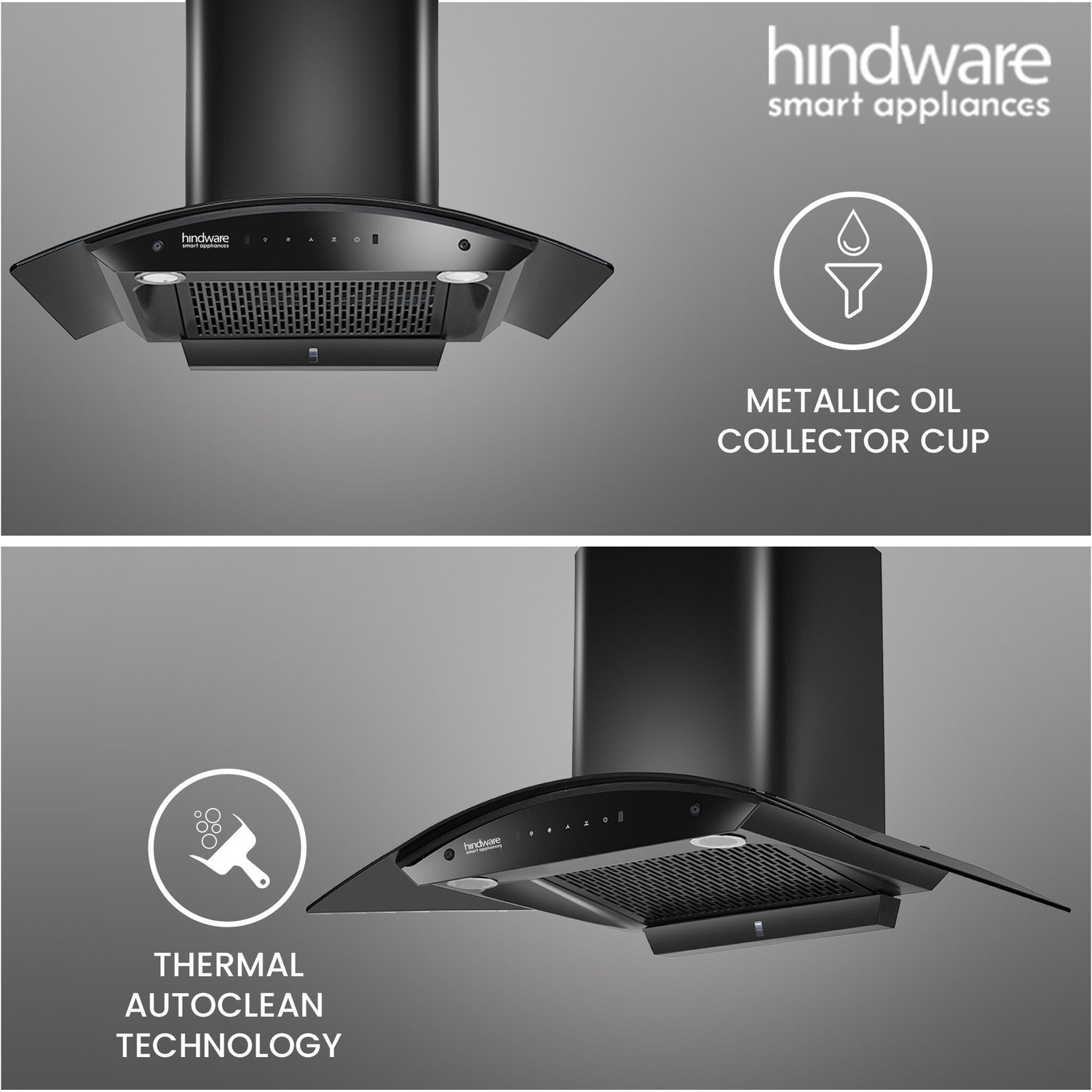 Image of Hindware Smart Appliances Ripple Blk Plus Autoclean 90 IN Auto Clean | Curved Glass | Filterless | Touch Control | Motion Sensor | 10 Years Motor Warranty | Energy Efficient LED Light | Powerful Suction Wall Mounted Black 1500 CMH Chimney