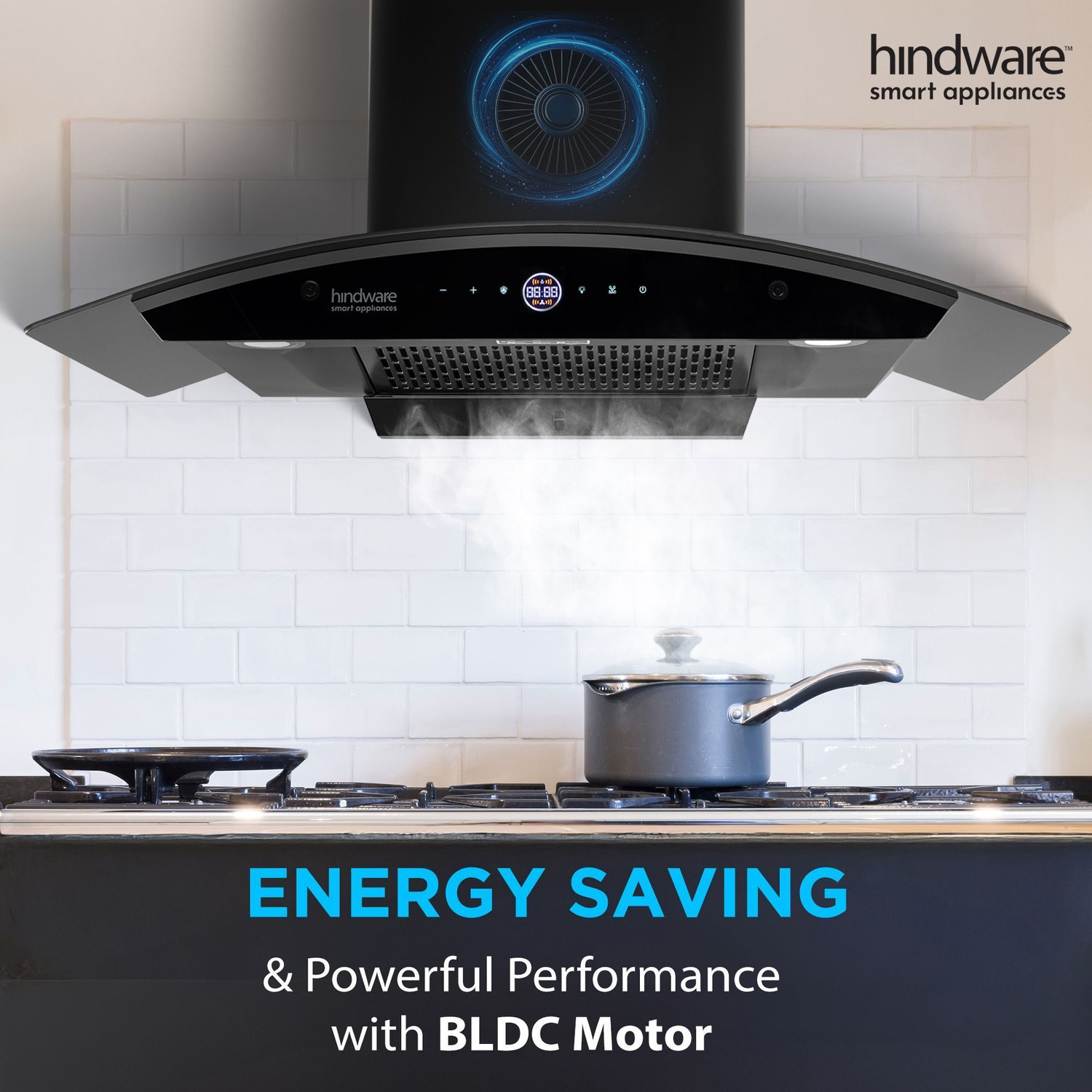 Image of Hindware Smart Appliances Ripple Plus BLDC Autoclean 90 IN Auto Clean | Curved Glass | Filterless | Touch Control | Energy Efficient LED Light | Powerful Suction | Wall Mounted Black 1600 CMH Chimney