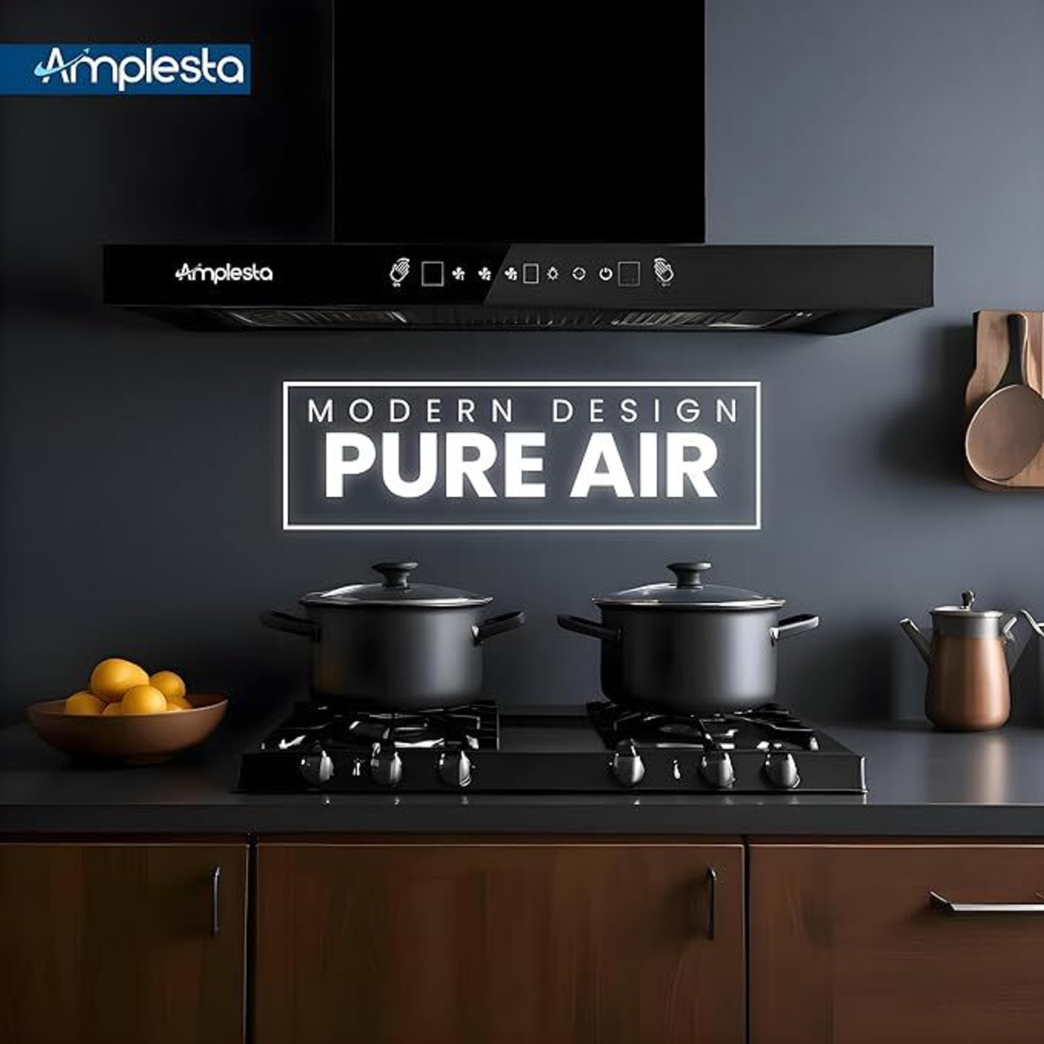 Image of Amplesta New Sereno Auto Clean T-Shape, Touch & Gesture Control, Filterless 1350 CMH 60 cm Auto Clean Chimney