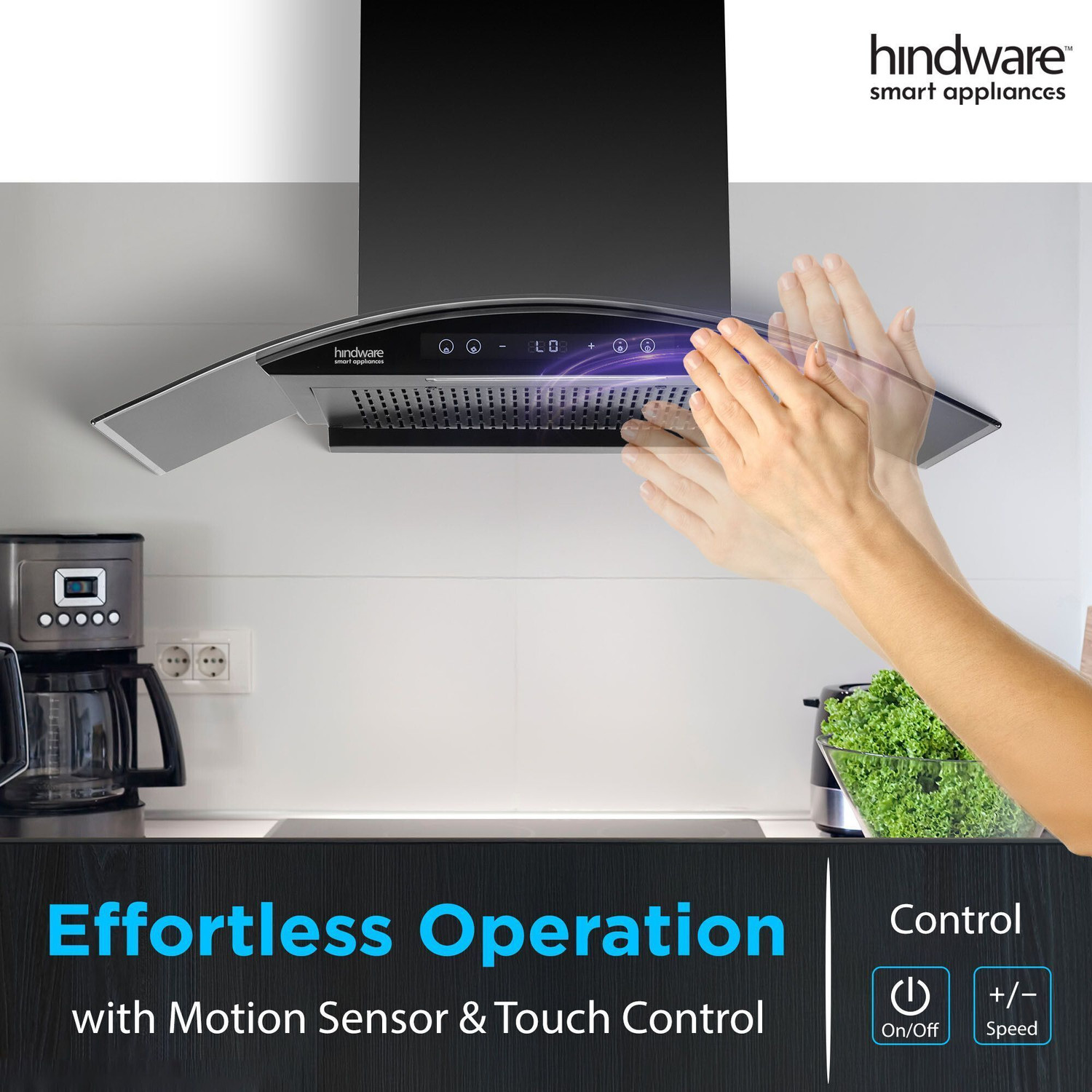 Image of Hindware Smart Appliances Ripple Neo BLDC 90 IN 1400 CMH 90 cm | Curved | Filterless | Touch Control | Motion Sensor | Energy Efficient LED Light | Powerful Suction | Auto Clean Chimney