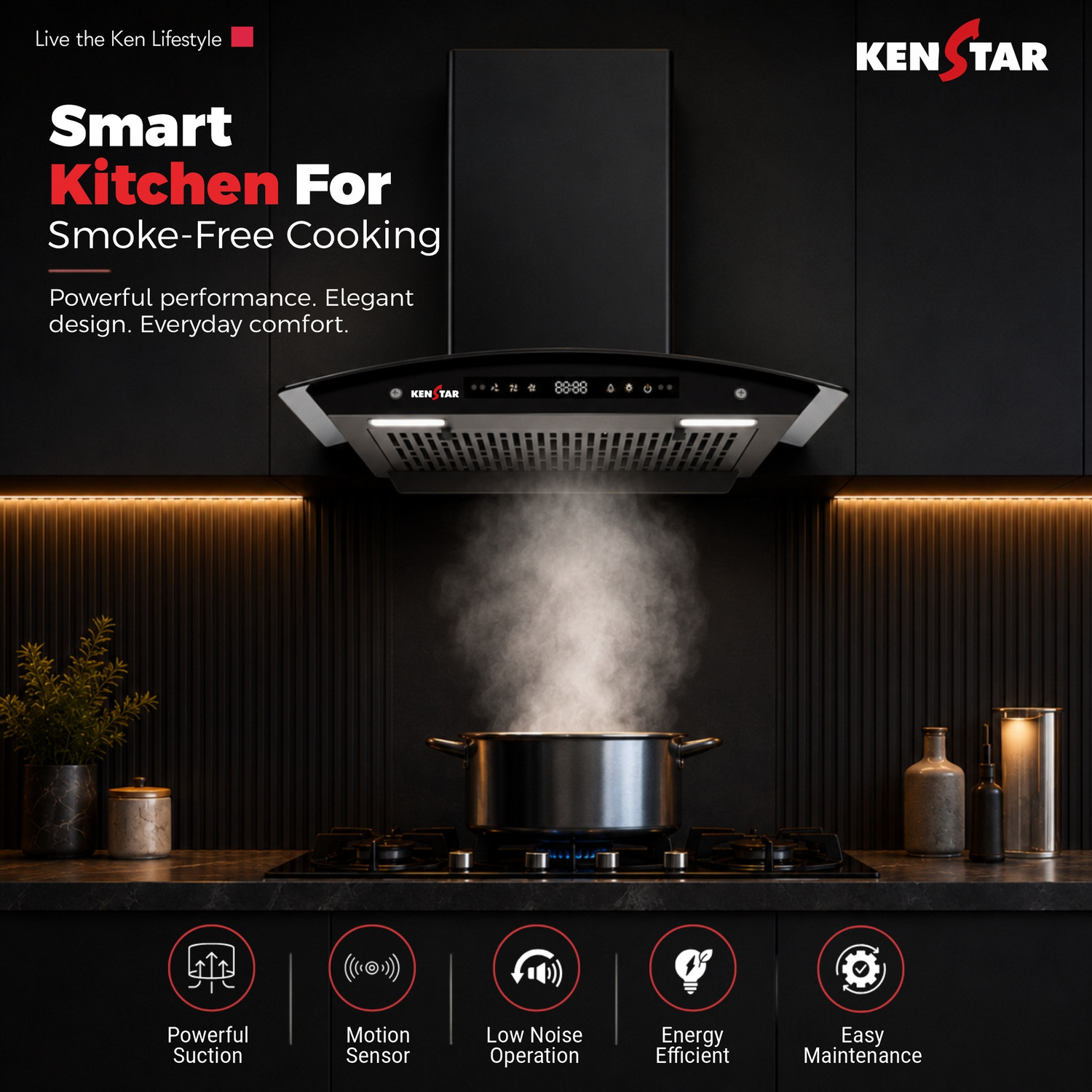 Image of Kenstar Breath Pro 60 1500 CMH 60 cm | BLDC Motor | Curved Glass | Filterless | 9 Speed Motion Sensor with Touch Controls | Powerful Suction | Outer Oil Collector| Energy Saving LED Lights | Auto Clean Chimney