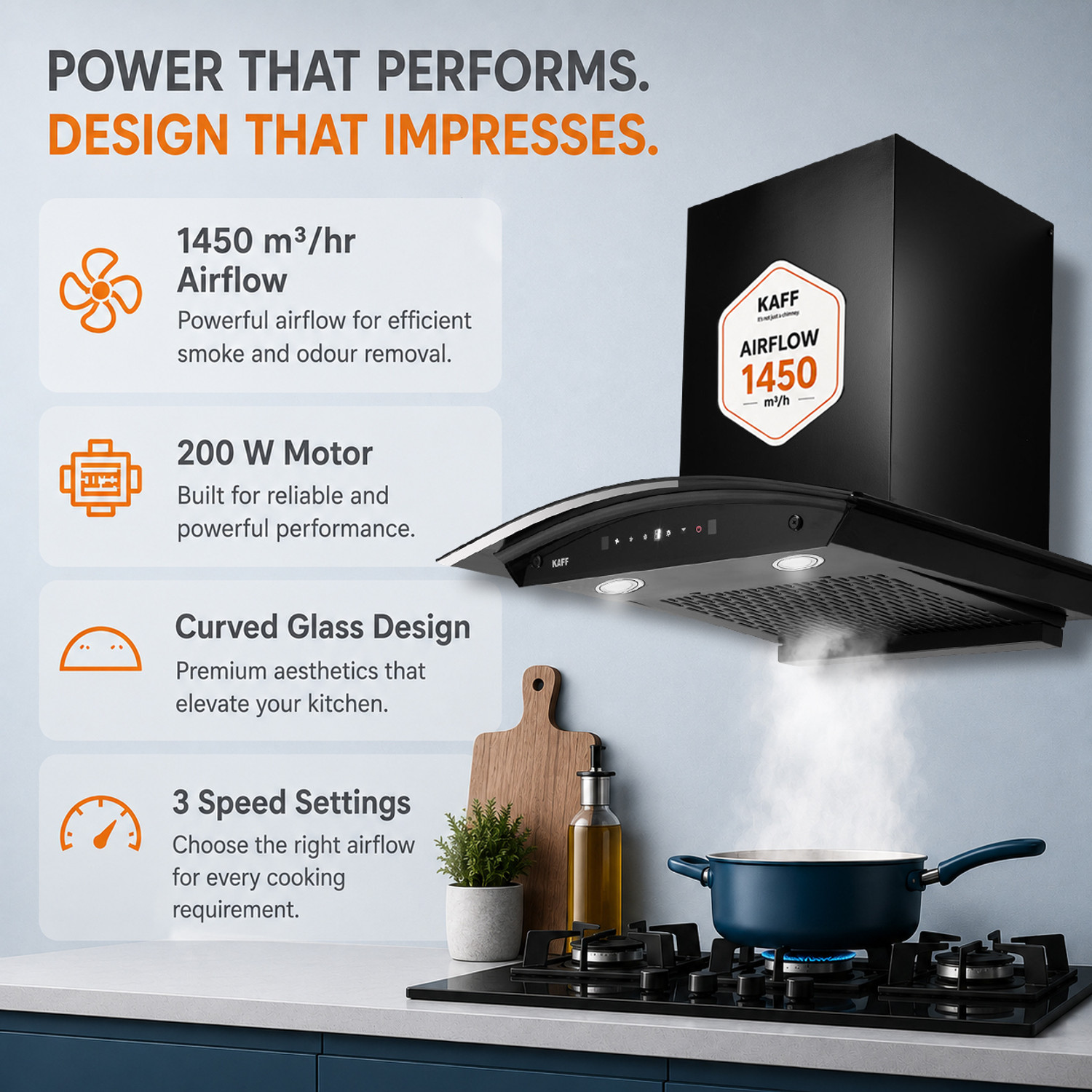 Image of Kaff KCF60 1450 CMH 60 cm Digital Display, Touch & Motion Sensor, Filterless, Auto Clean Chimney