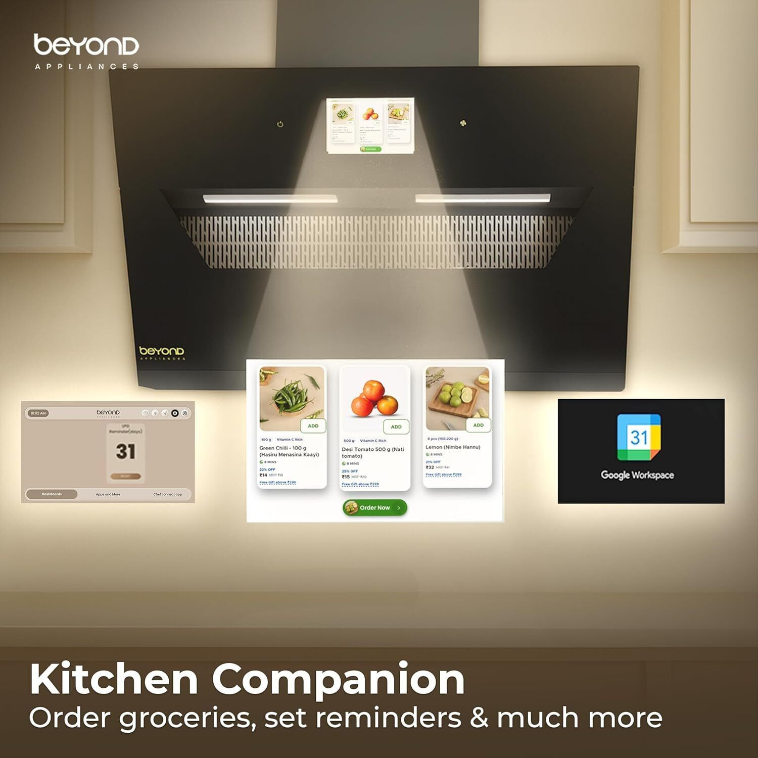 Image of Beyond Appliances Eris 90cm Slant Android Chimney Filter-Less | Motion Sensor 1500 CMH 90 cm Auto Clean Chimney