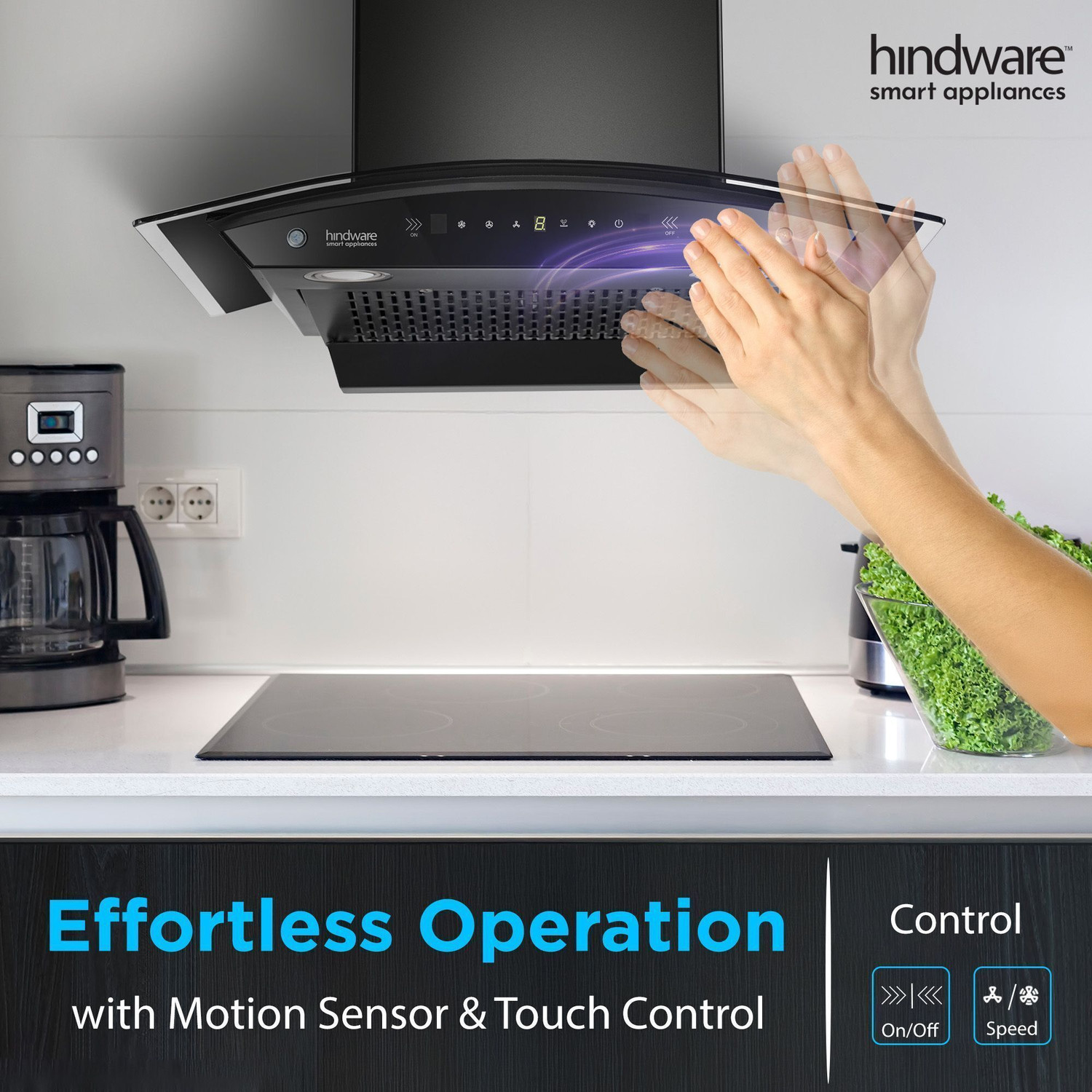 Image of Hindware Smart Appliances Ripple Neo 60 IN 1200 CMH 60 cm | Curved | Filterless | Touch Control | Motion Sensor | Energy Efficient LED Light | Powerful Suction | Auto Clean Chimney