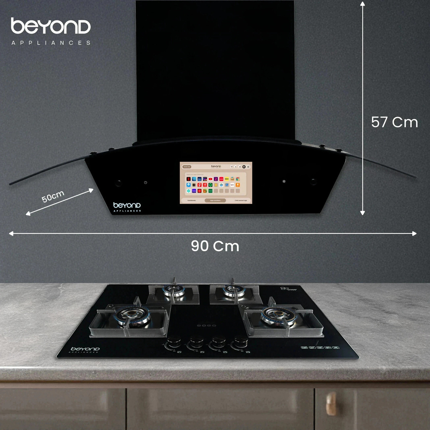 Image of Beyond Appliances Asteria 90cm Android Chimney Filter-Less Auto Clean Filterless |Smart Screen & Speaker | Touch Control | Android Chimney Wall Mounted Black 1408 CMH Chimney