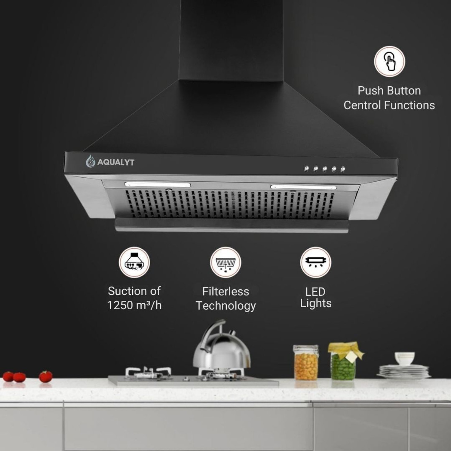 Image of AQUALYT Nova Hood Pyramid Shape 1250 CMH 60 cm Filterless Push Button Powerful Suction With Led Light Low Noise Chimney
