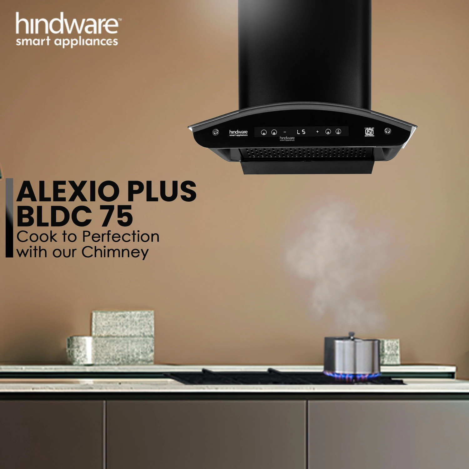 Image of Hindware Smart Appliances Alexio Plus BLDC 75CM Auto Clean | Curved Glass | Filterless | Touch Control, Motion Sensor | Energy Efficient LED Light | Powerful Suction | Wall Mounted Black 1450 CMH Chimney