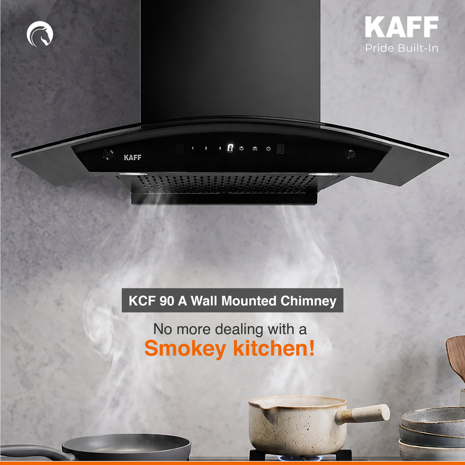 Image of Kaff KCF90 1450 CMH 90 cm Digital Display, Touch & Motion Sensor, Filterless, Auto Clean Chimney