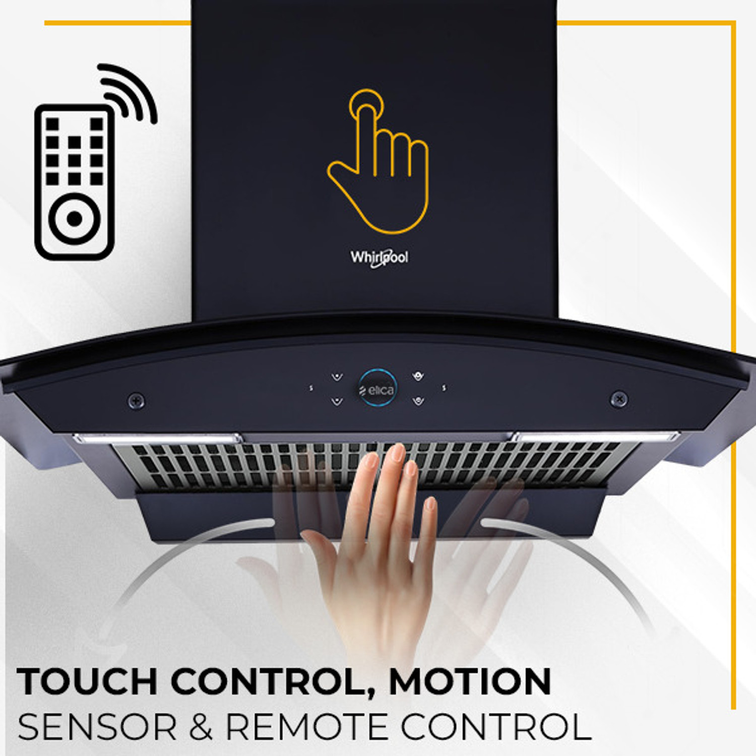 Image of Whirlpool SMARTSENSE ZEN CGFL 604 HAC BLDC BK HOOD 1425 CMH 60 cm Curved Glass 60 cm | BLDC Motor| Smart-Sense Speed Control |Heat Autoclean| Gesture Control|Filterless| Powerful Suction | Low Noise Auto Clean Chimney