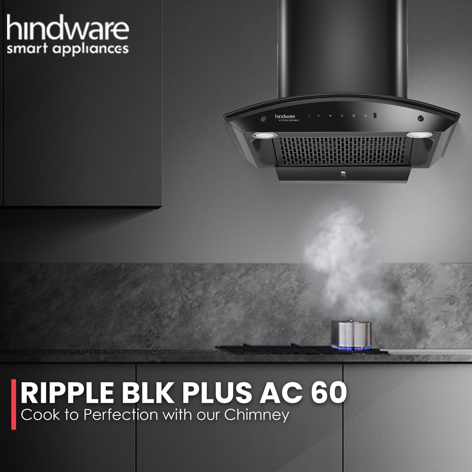 Image of Hindware Smart Appliances Ripple Blk Plus Autoclean 60 IN Auto Clean | Curved Glass | Filterless | Touch Control | Motion Sensor | 10 Years Motor Warranty | Energy Efficient LED Light | Powerful Suction | Wall Mounted Black 1500 CMH Chimney