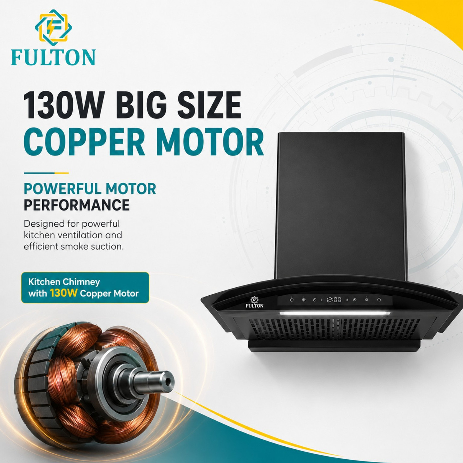 Image of FULTON SILENT FLOW BLDC CURVE 60CM CHIMNEY| 130W BIG HOUSING COPPER MOTOR| 1650 CMH 60 cm Auto Clean Chimney