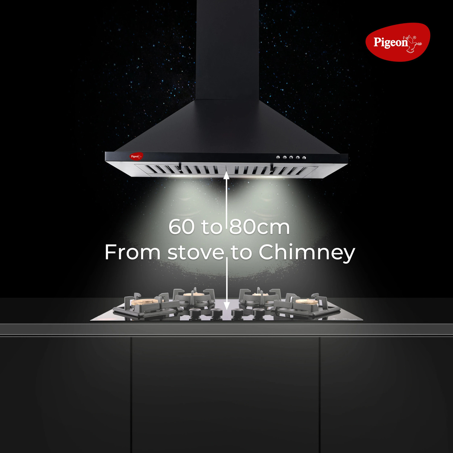Image of Pigeon Nebula DX 60cm Baffle Filter Kitchen Chimney with 7 Years Warranty on Motor and 1 Year Comprehensive| Black | 3 Speed Push Button Control Wall Mounted Black 1250 CMH Chimney