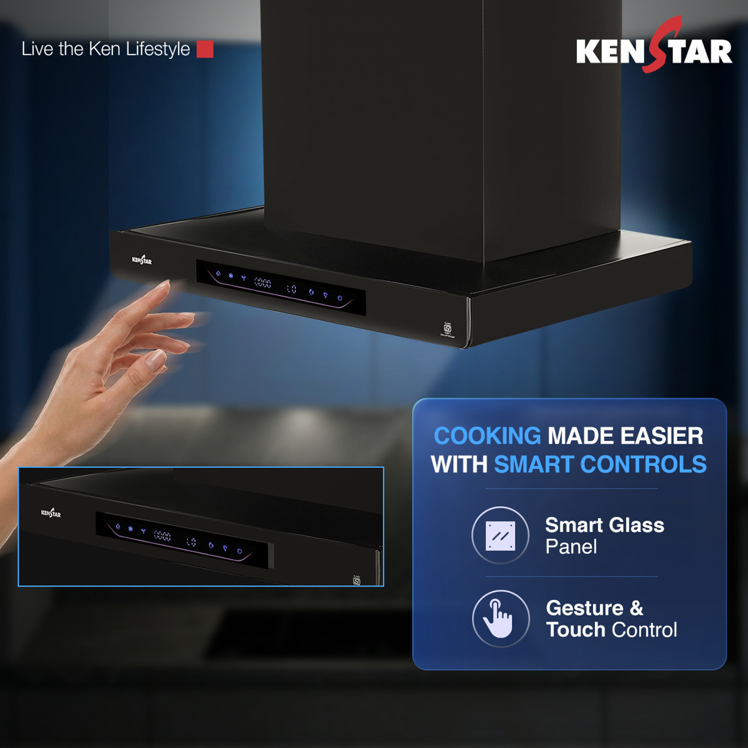 Image of Kenstar AeroGlide BLDC T SHAPE 60CM 1500 CMH 60 cm Filterless Auto-clean Chimney With BLDC Motor 10 Speed Touch & Gesture Control Powerful Suction Low Noise Auto Clean Chimney