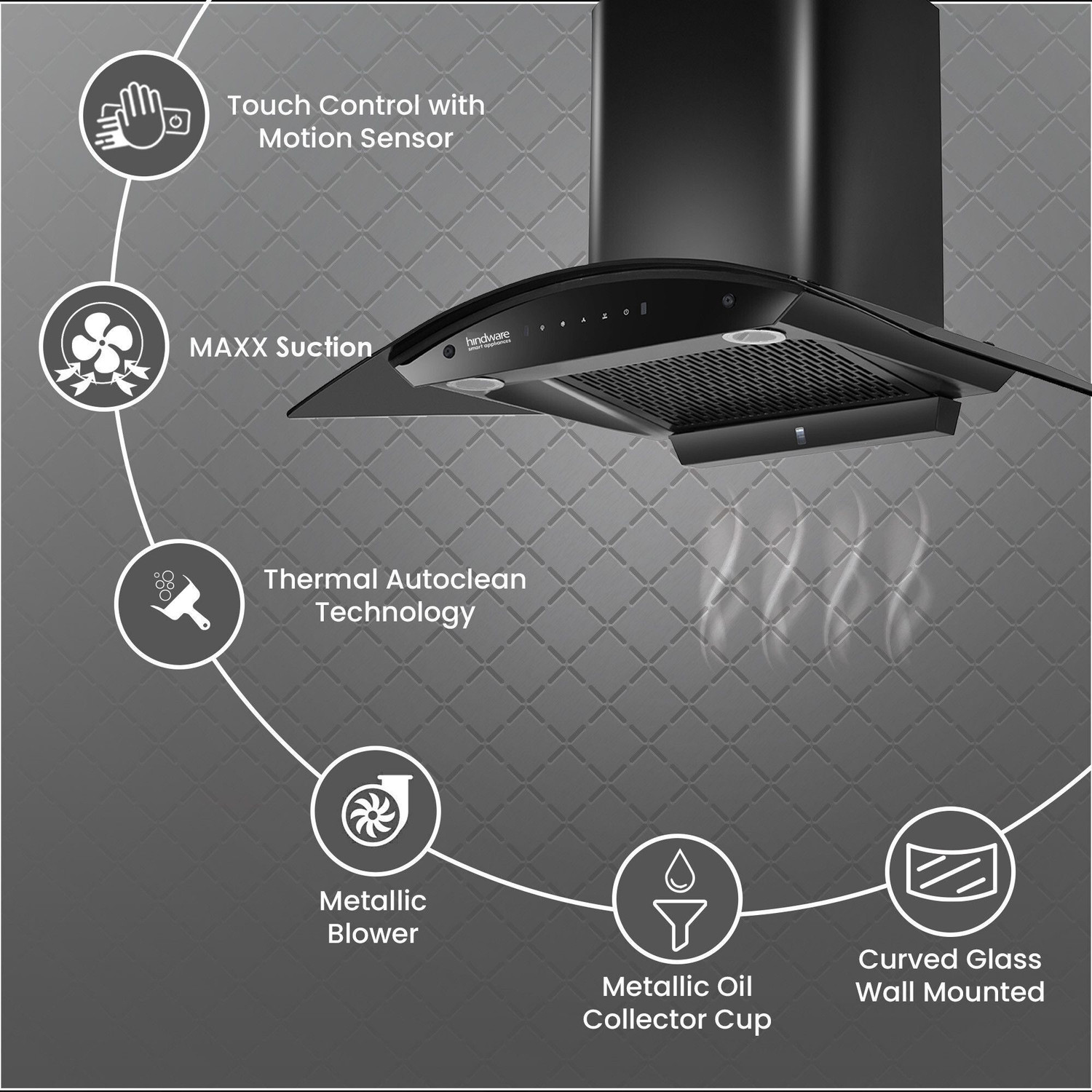 Image of Hindware Smart Appliances Ripple Blk Plus Autoclean 75 IN Auto Clean Curved Glass | Filterless | Touch Control | Motion Sensor | 10 Years Motor Warranty | Energy Efficient LED Light | Powerful Suction | Wall Mounted Black 1500 CMH Chimney