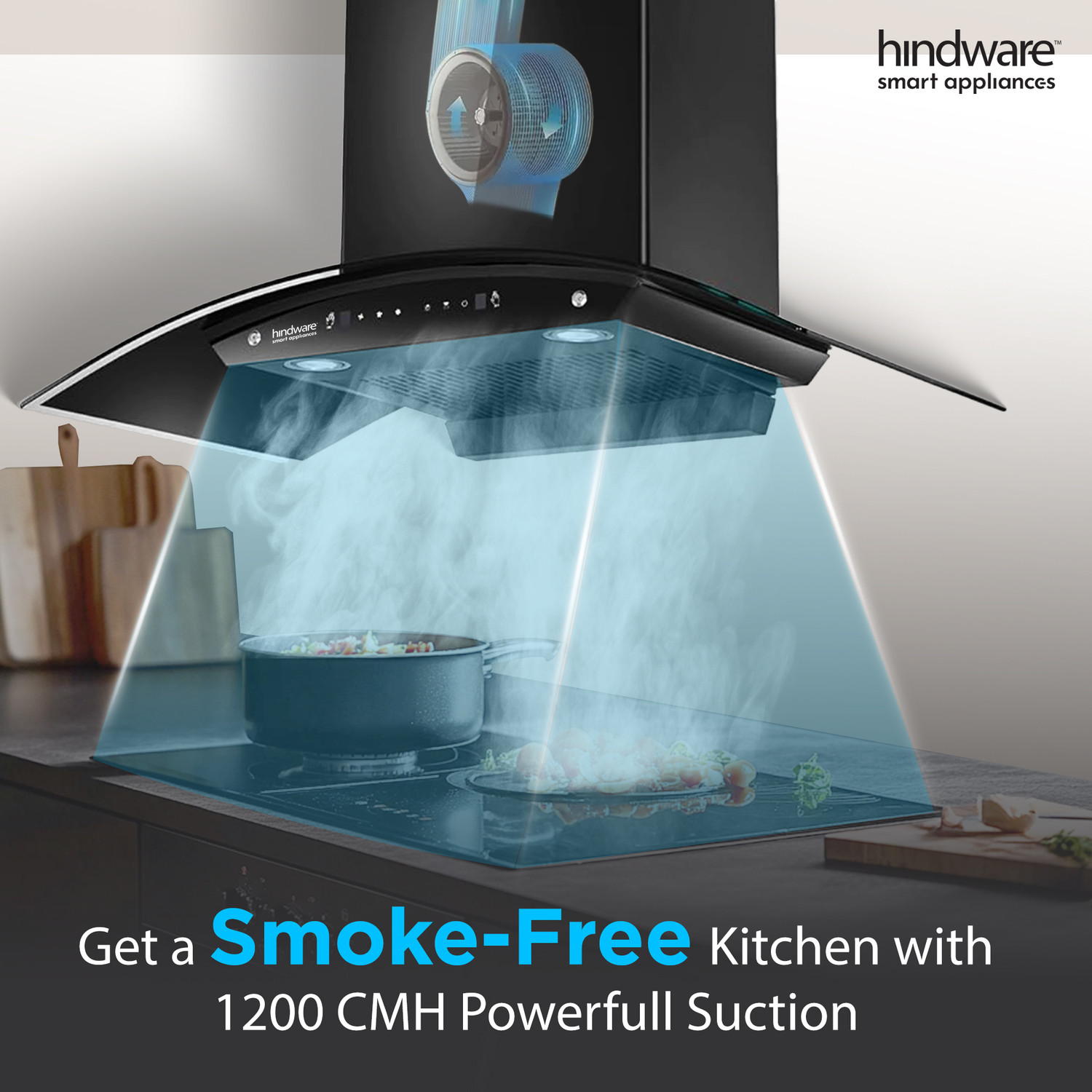 Image of Hindware Smart Appliances Ripple Neo 75 IN 1200 CMH 75 cm | Curved | Filterless | Touch Control | Motion Sensor | Energy Efficient LED Light | Powerful Suction | Auto Clean Chimney