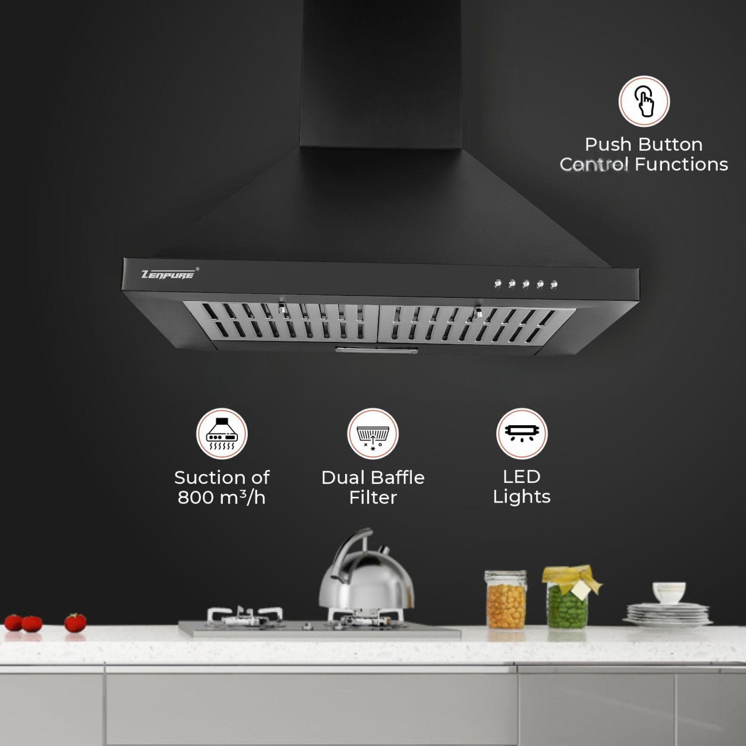 Image of ZENPURE Venus Pro Hood Pyramid Shape 1050 CMH 60 cm Filterless Push Button Powerful Suction With Led Light Low Noise Chimney