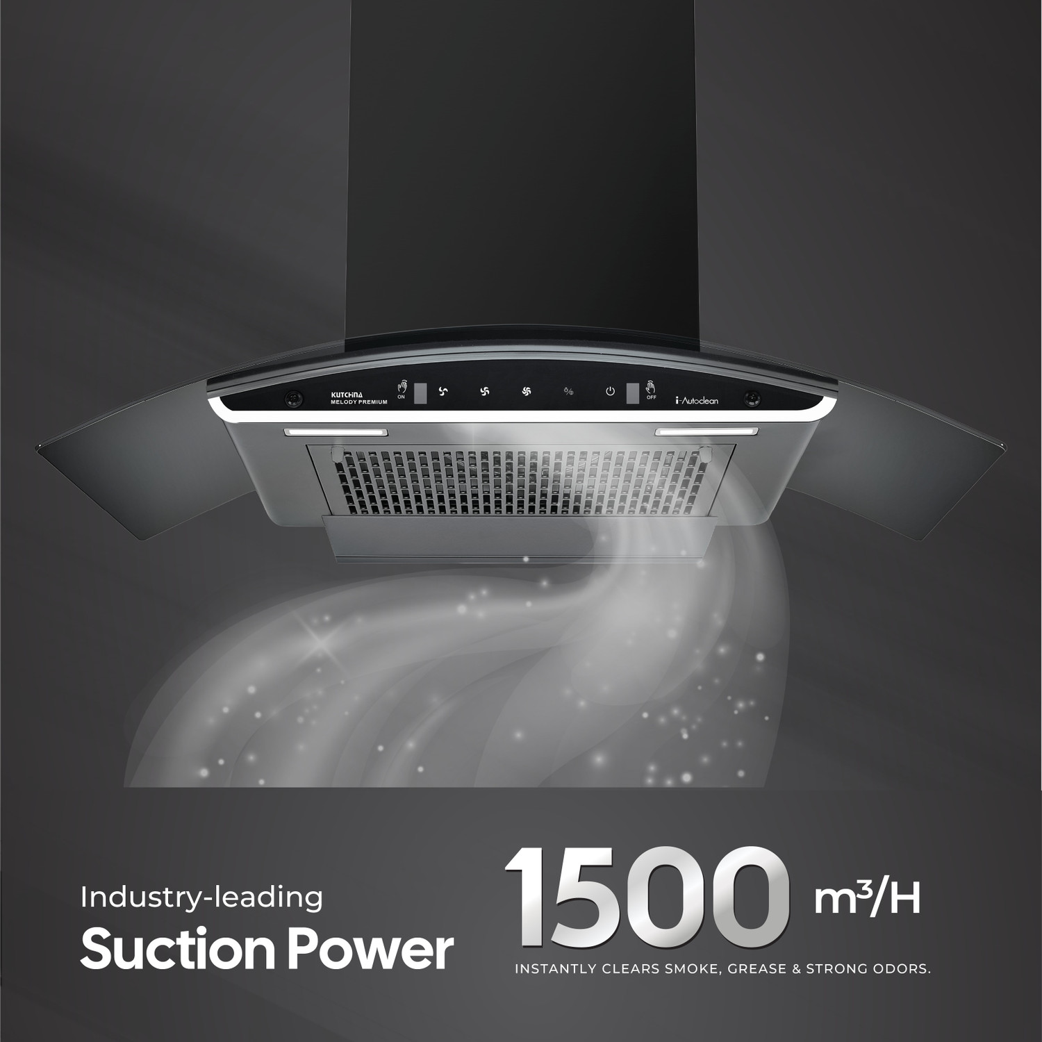 Image of Kutchina Melody 90 1500 CMH 90 cm Motion Sensor Control Touch Control Auto Clean Powerful suction Low Noise Auto Clean Chimney