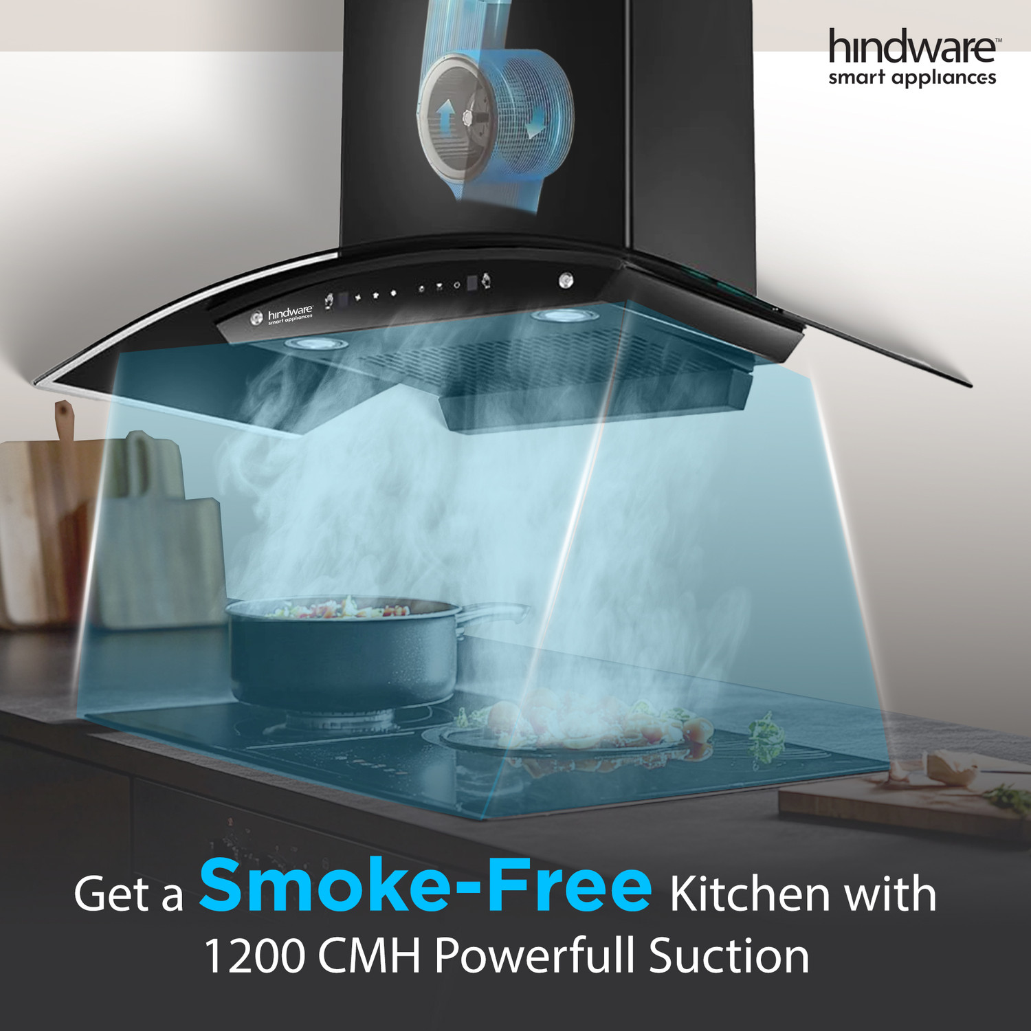 Image of Hindware Smart Appliances Ripple Neo 90 IN 1200 CMH 90 cm | Curved | Filterless | Touch Control | Motion Sensor | Energy Efficient LED Light | Powerful Suction | Auto Clean Chimney