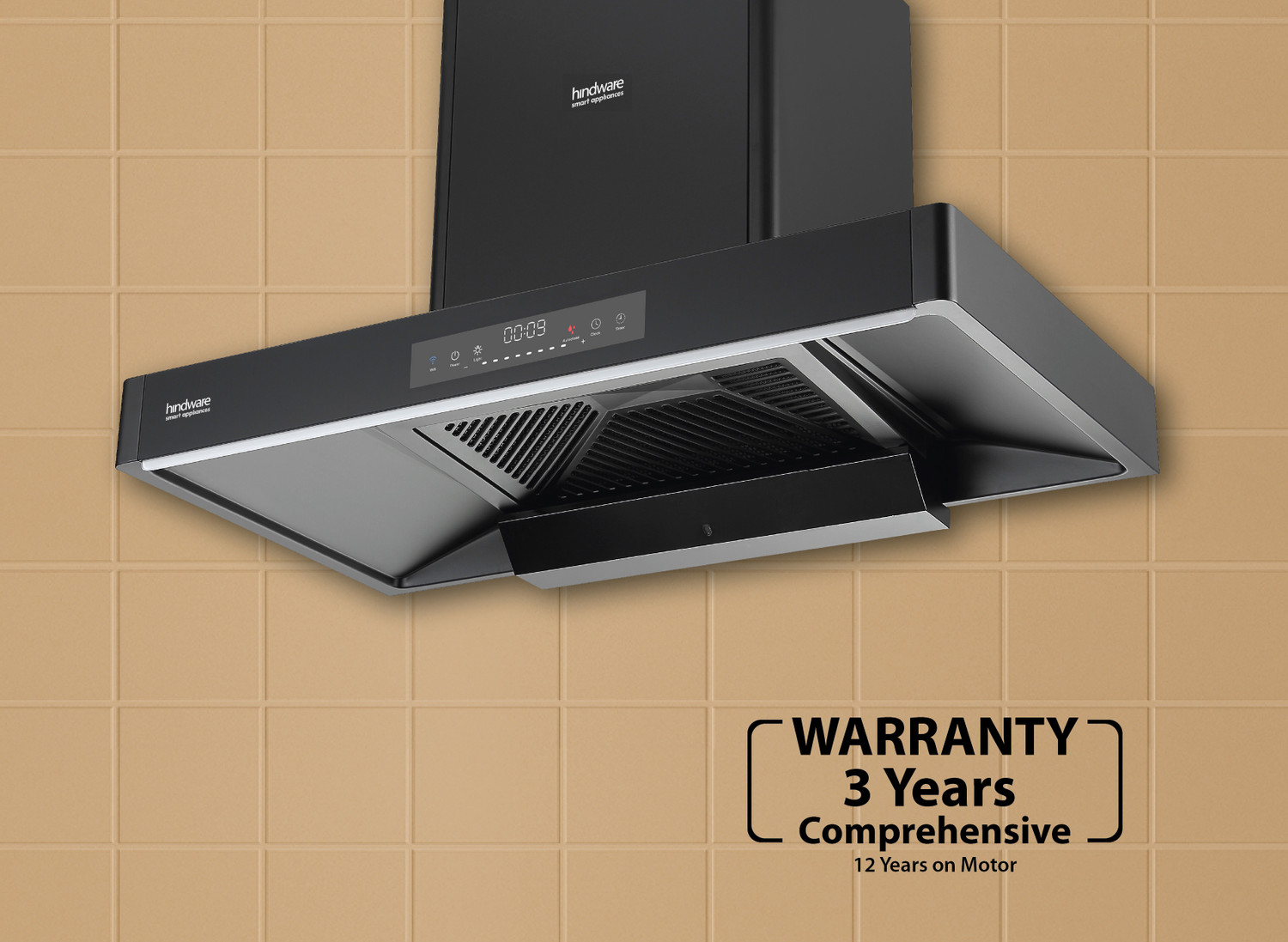 Image of Hindware Optimus Ipro BLDC 90 Auto Clean Wall Mounted Black 1900 CMH Chimney