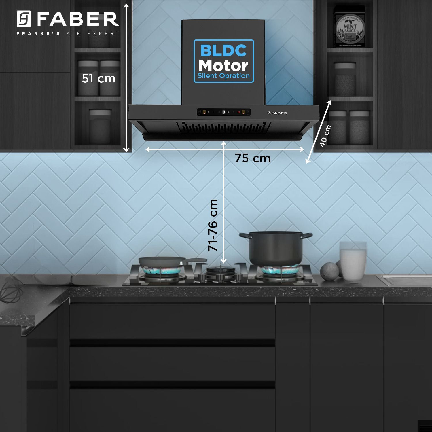 Image of FABER Atom 75cm 1500m /hr BLDC Autoclean Filterless T-Shape Chimney 1500 CMH 75 cm Auto Clean Chimney