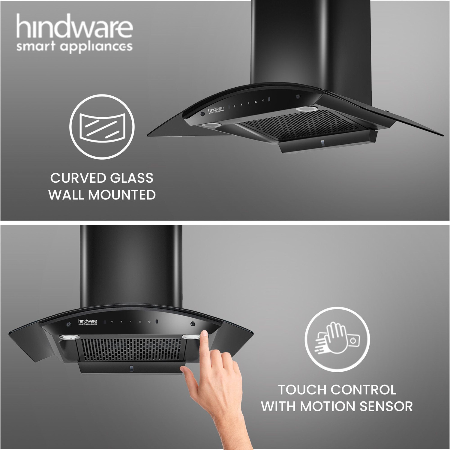 Image of Hindware Smart Appliances Ripple Blk Plus Autoclean 90 IN Auto Clean | Curved Glass | Filterless | Touch Control | Motion Sensor | 10 Years Motor Warranty | Energy Efficient LED Light | Powerful Suction Wall Mounted Black 1500 CMH Chimney